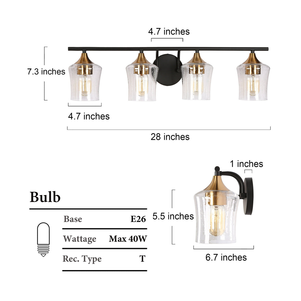 Luminaires de salle de bain linéaires modernes en or noir à 2, 3 ou 4 lampes avec verre grainé