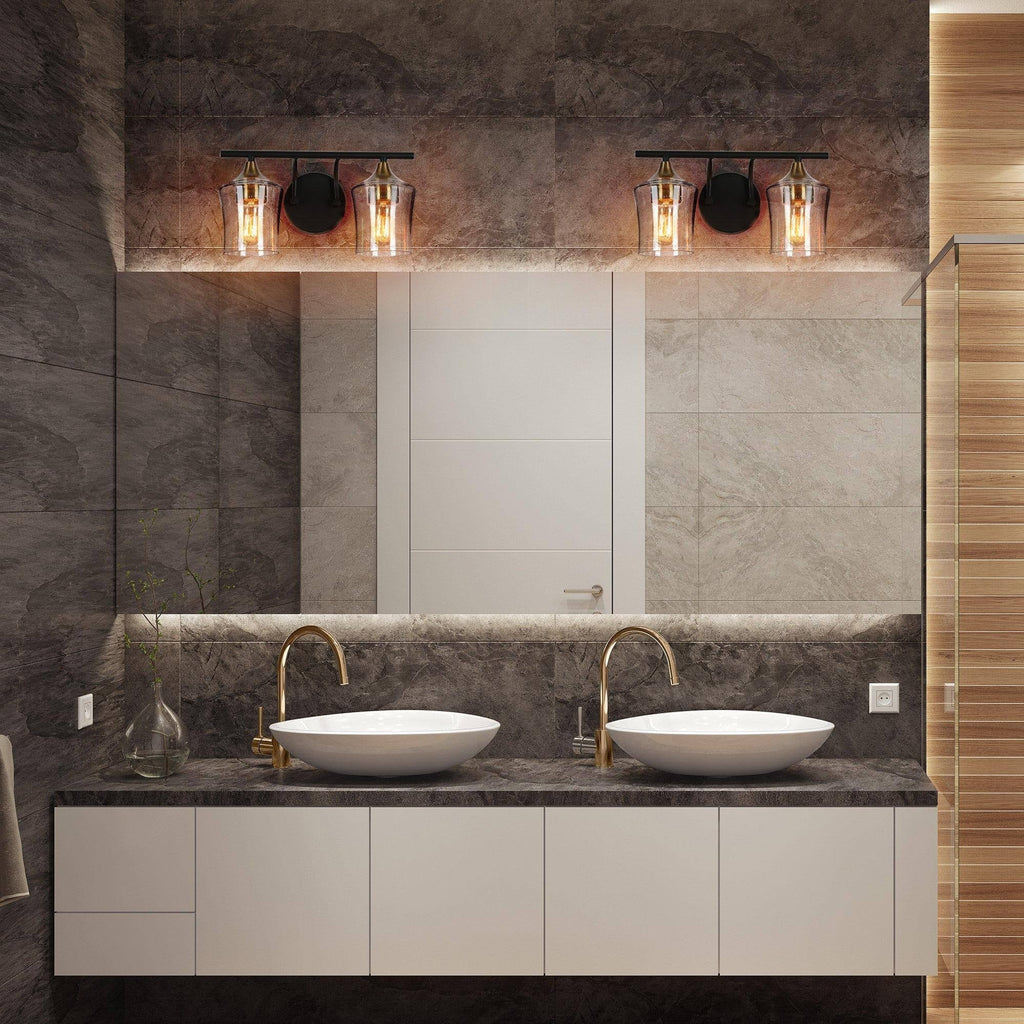 Luminaires de salle de bain linéaires modernes en or noir à 2, 3 ou 4 lampes avec verre grainé
