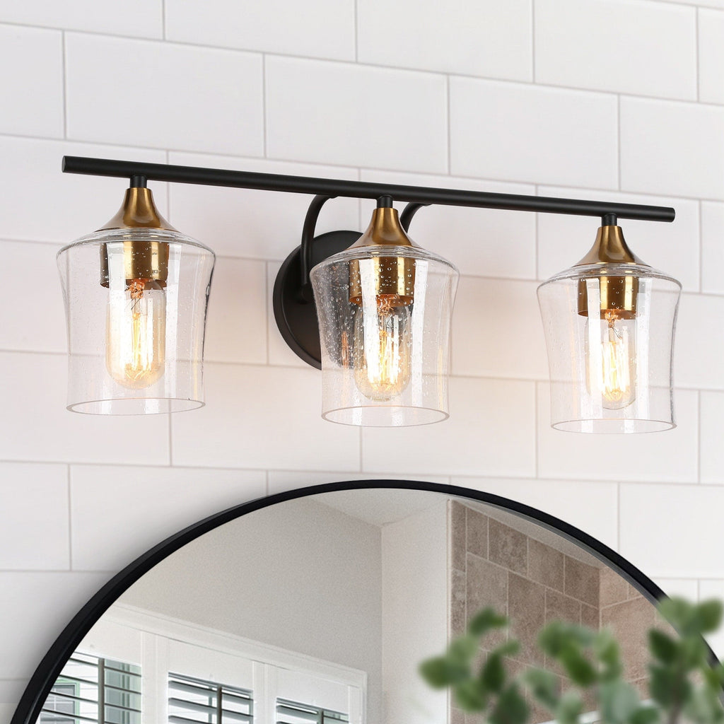 Luminaires de salle de bain linéaires modernes en or noir à 2, 3 ou 4 lampes avec verre grainé