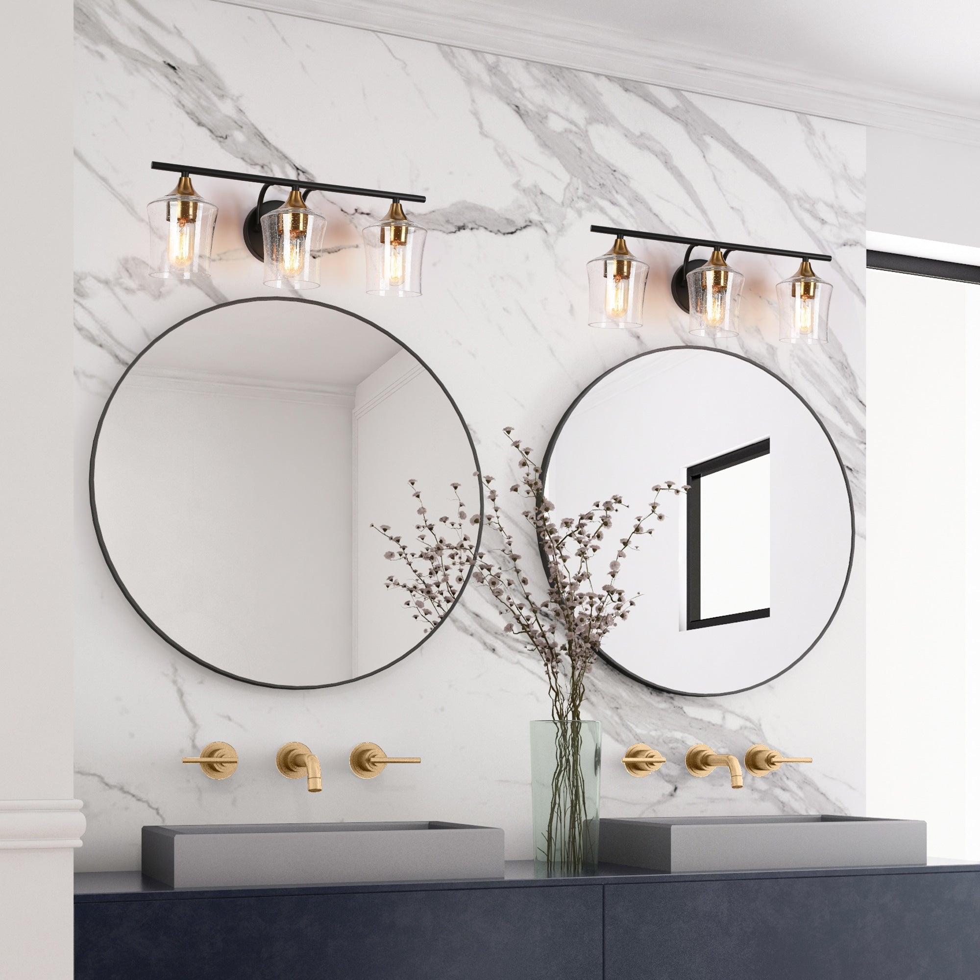Luminaires de salle de bain linéaires modernes en or noir à 2, 3 ou 4 lampes avec verre grainé