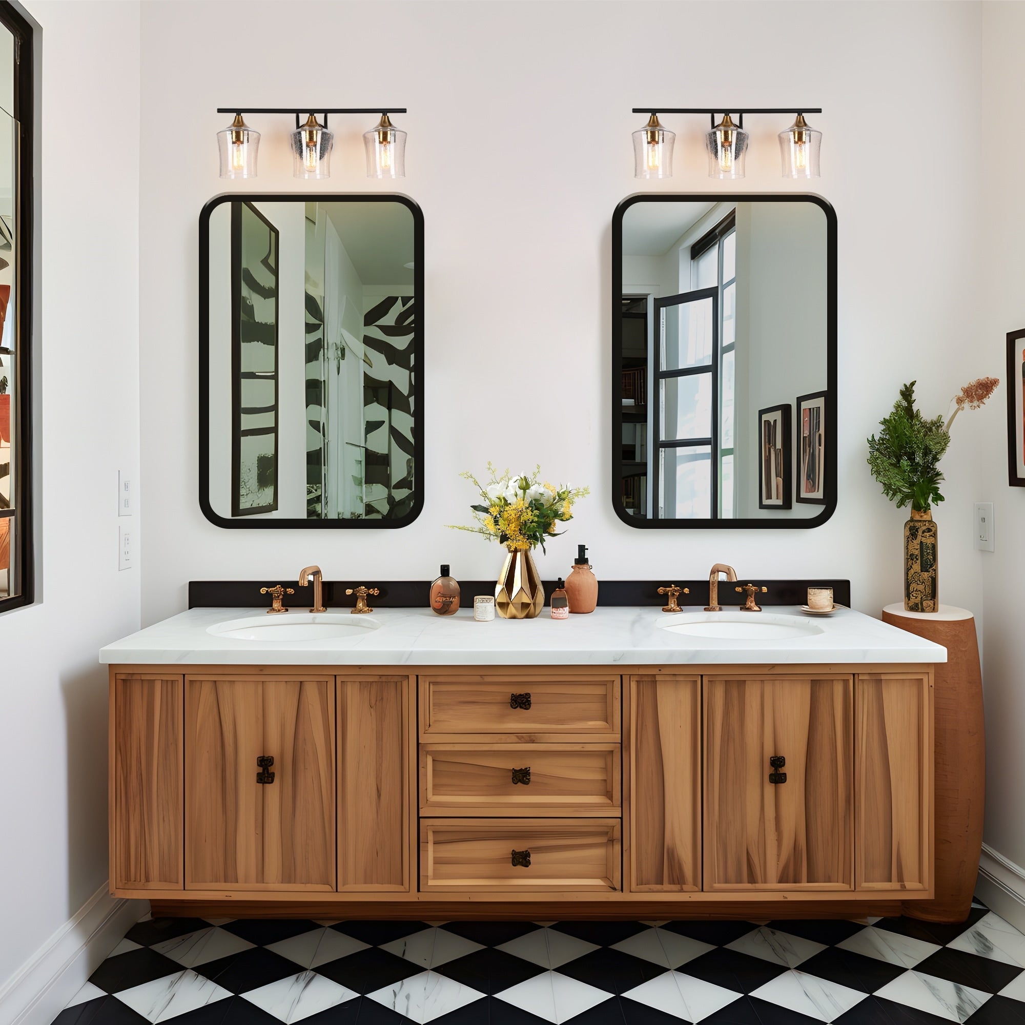 Luminaires de salle de bain linéaires modernes en or noir à 2, 3 ou 4 lampes avec verre grainé