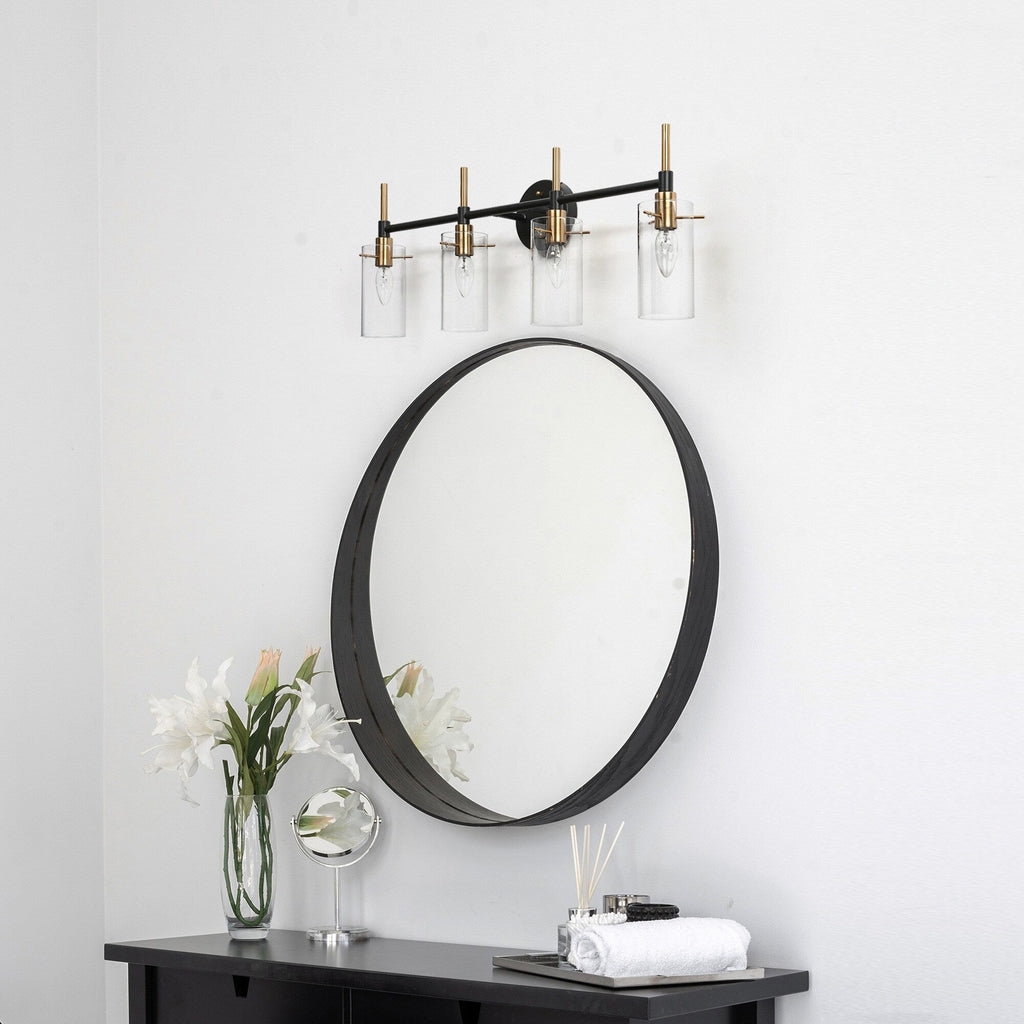 Applique murale moderne de salle de bain noire et dorée à intensité variable avec cylindre en verre transparent