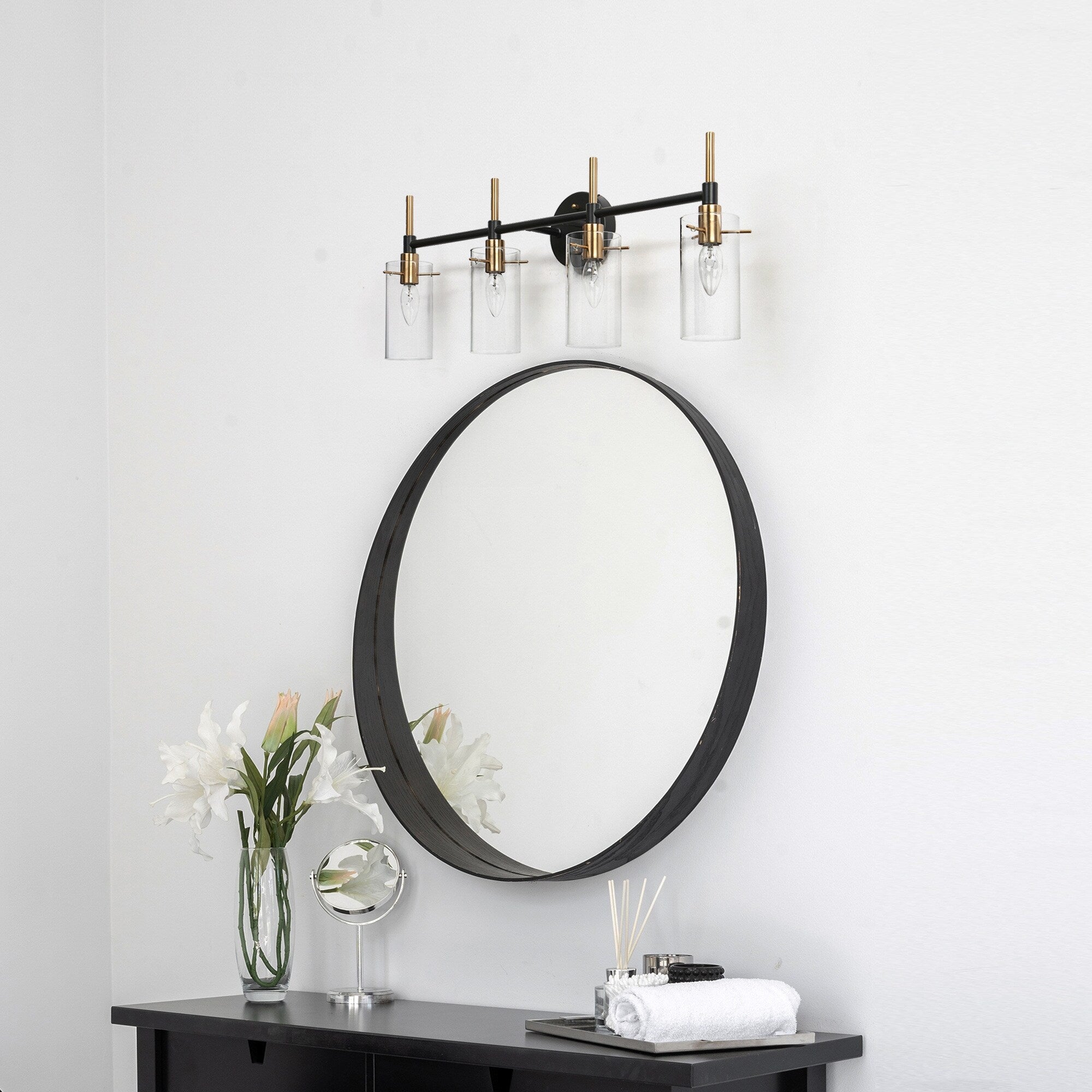 Applique murale moderne de salle de bain noire et dorée à intensité variable avec cylindre en verre transparent