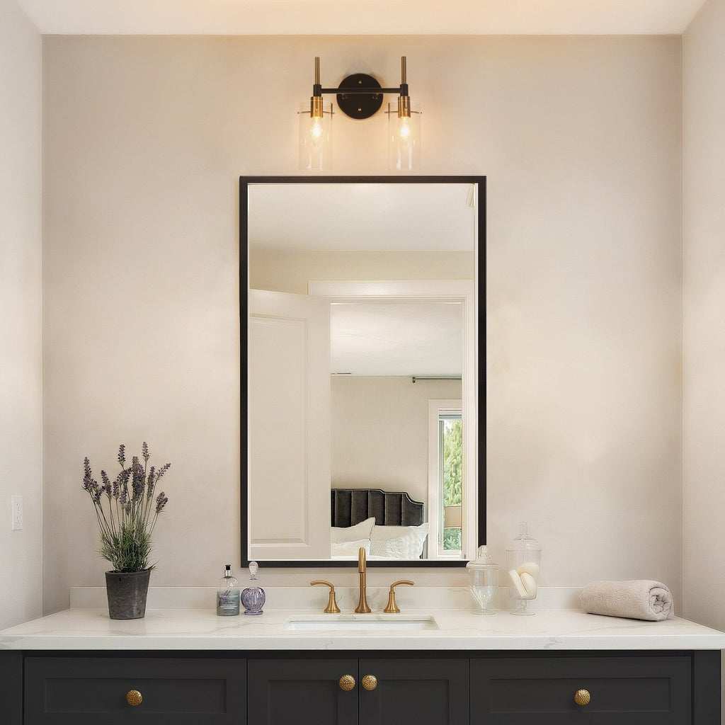 Applique murale moderne de salle de bain noire et dorée à intensité variable avec cylindre en verre transparent