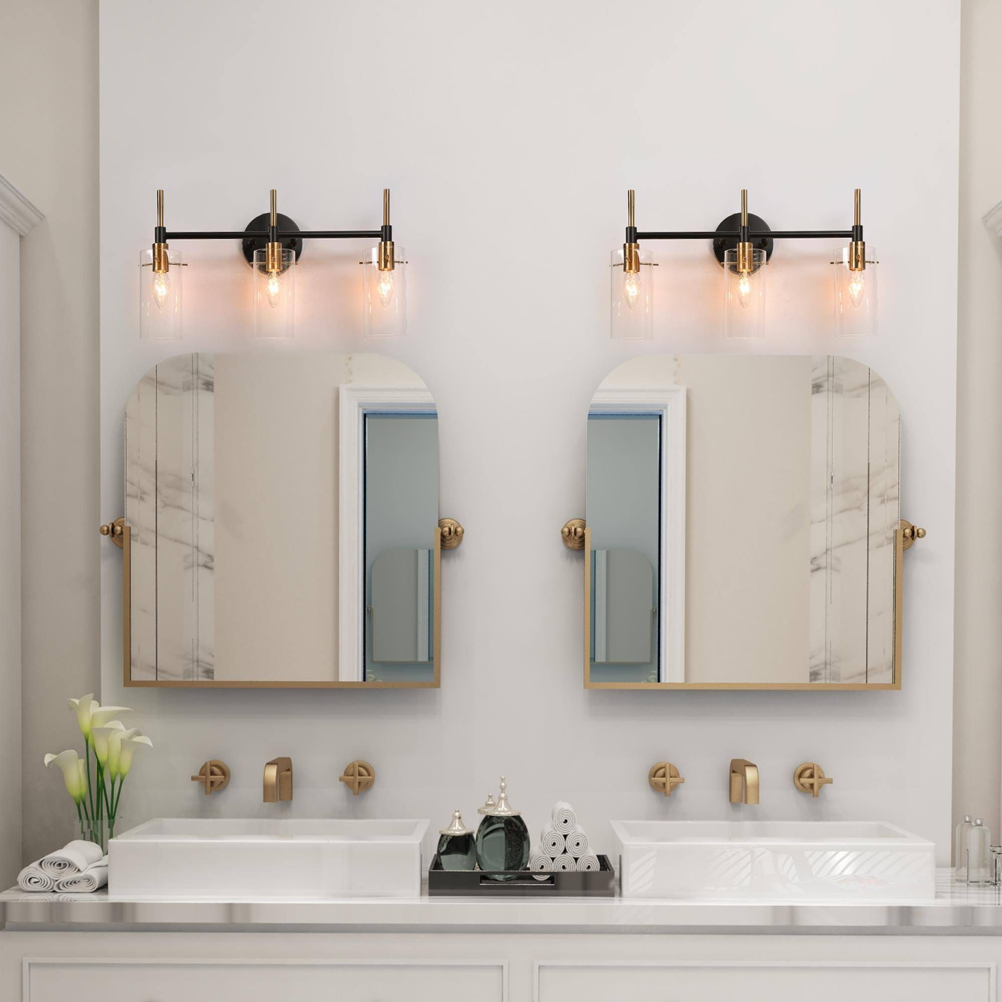 Applique murale moderne de salle de bain noire et dorée à intensité variable avec cylindre en verre transparent