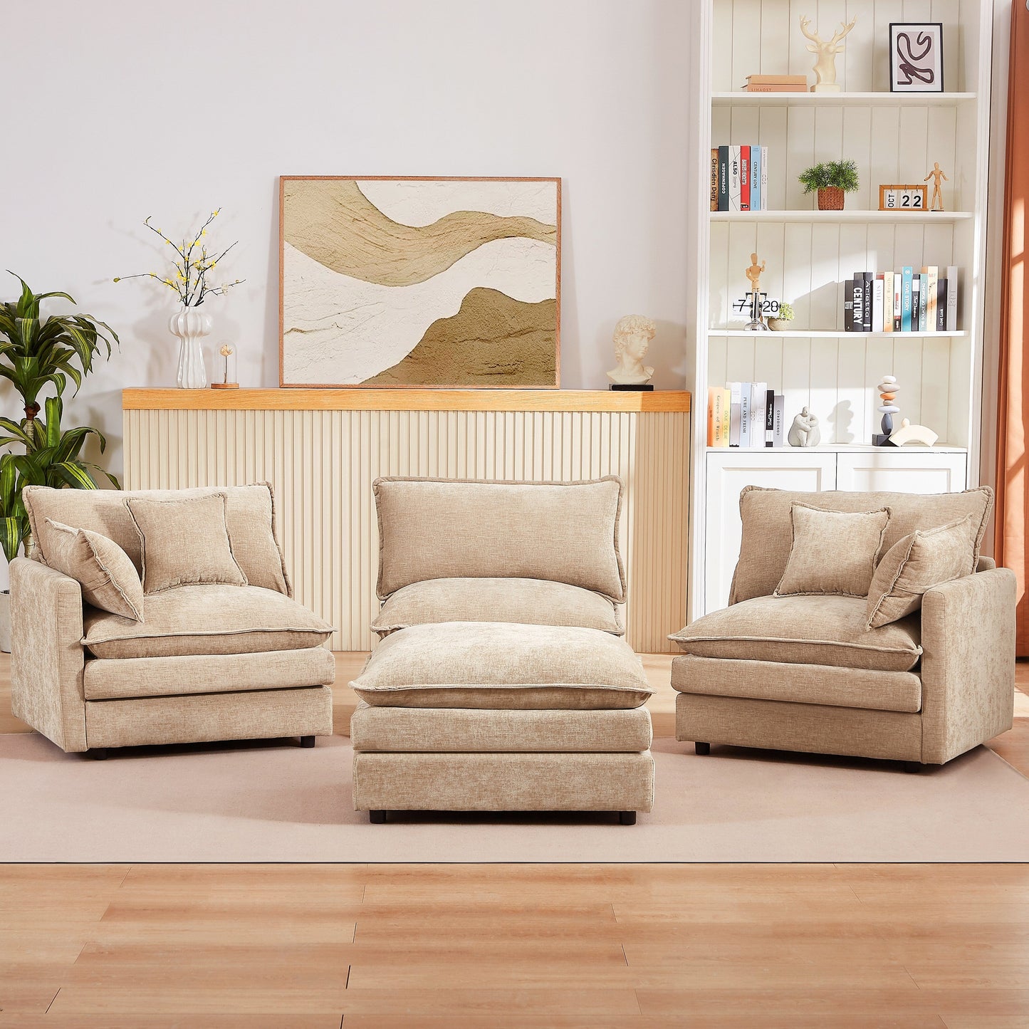 Canapé modulable en L 3 places en chenille moderne avec pouf amovible pour salon