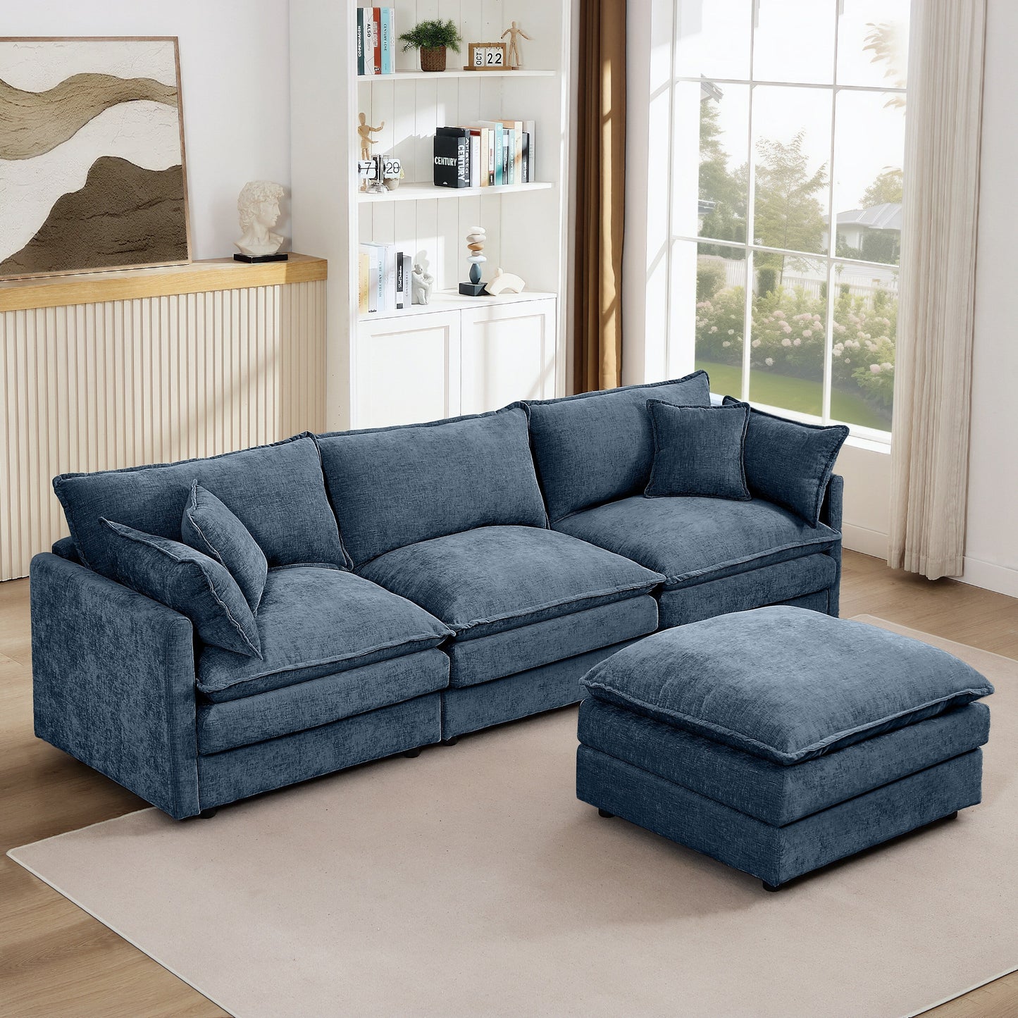 Canapé modulable en L 3 places en chenille moderne avec pouf amovible pour salon