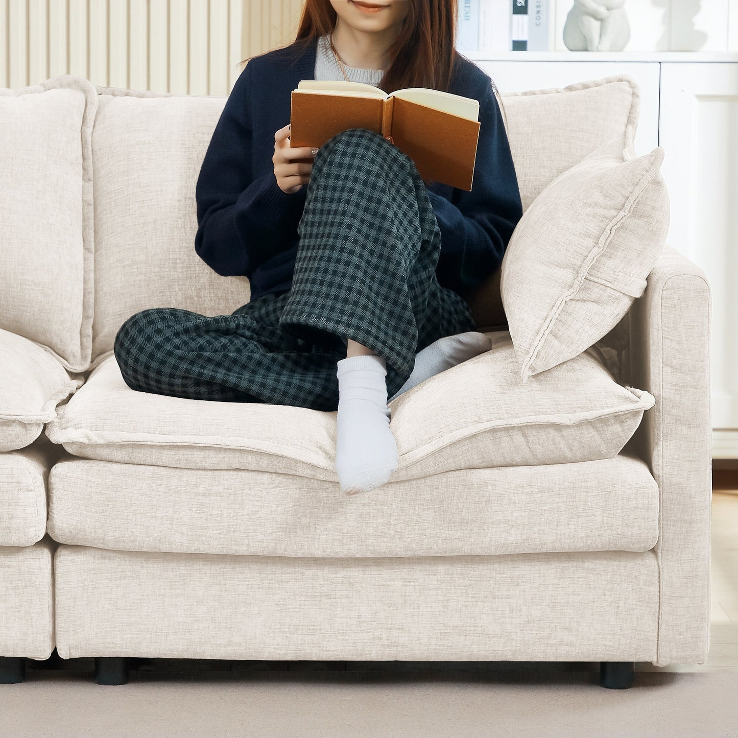 Canapé modulable en L 3 places en chenille moderne avec pouf amovible pour salon