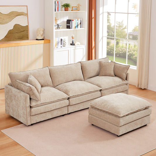 Canapé modulable en L 3 places en chenille moderne avec pouf amovible pour salon