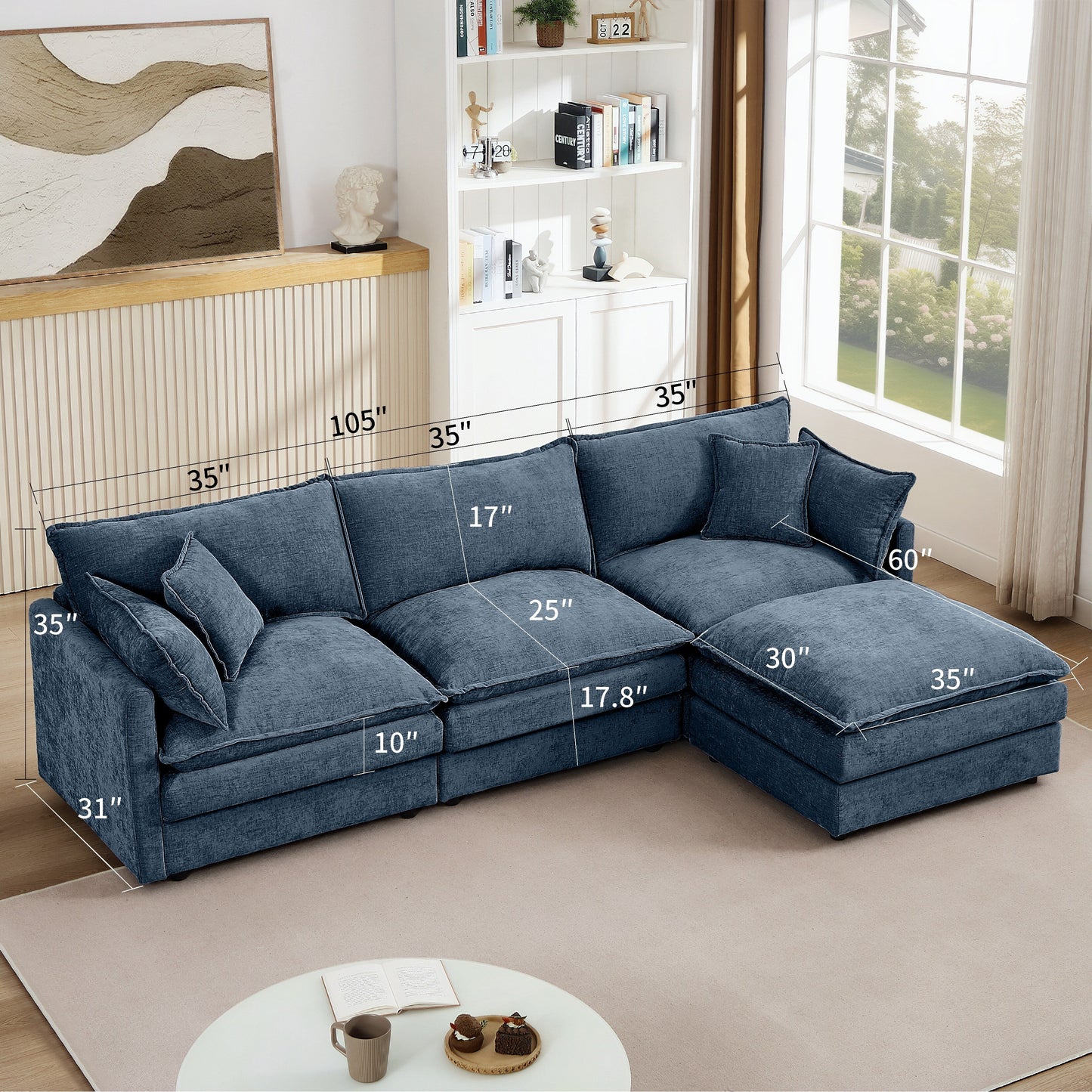 Canapé modulable en L 3 places en chenille moderne avec pouf amovible pour salon