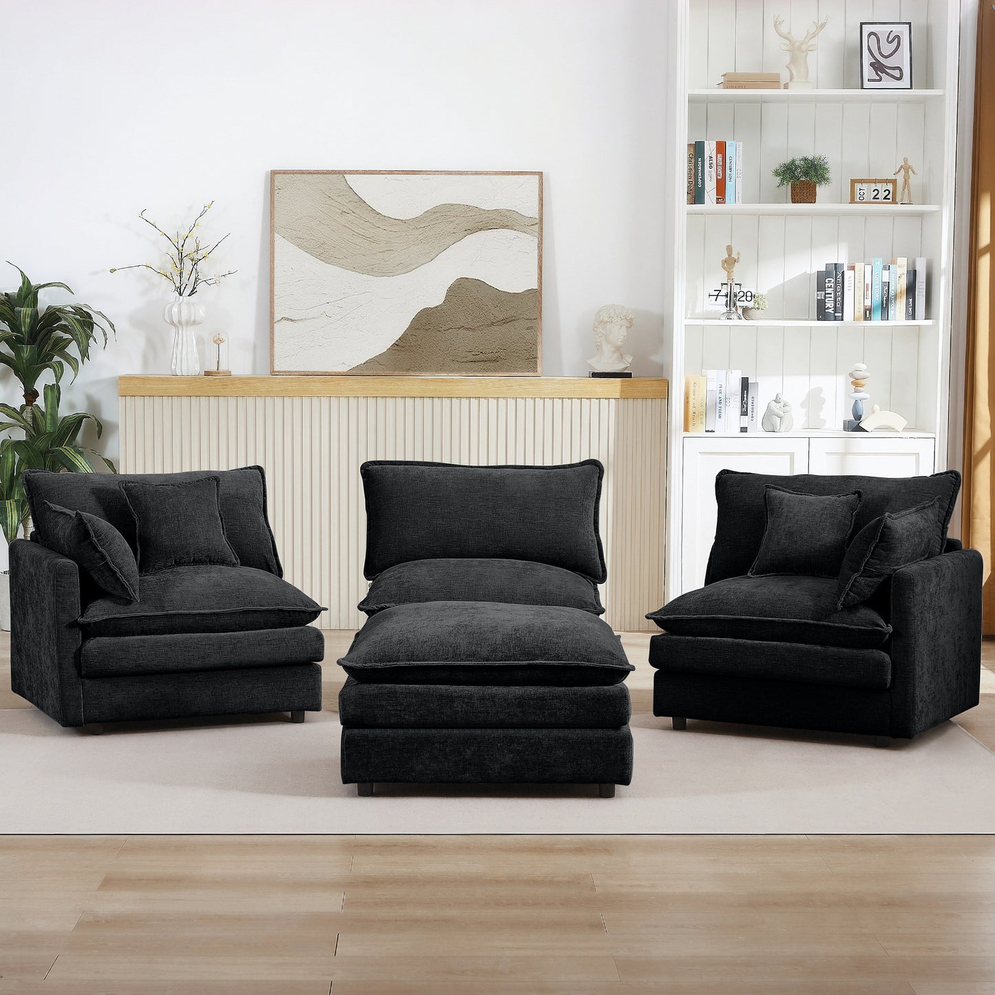 Canapé modulable en L 3 places en chenille moderne avec pouf amovible pour salon