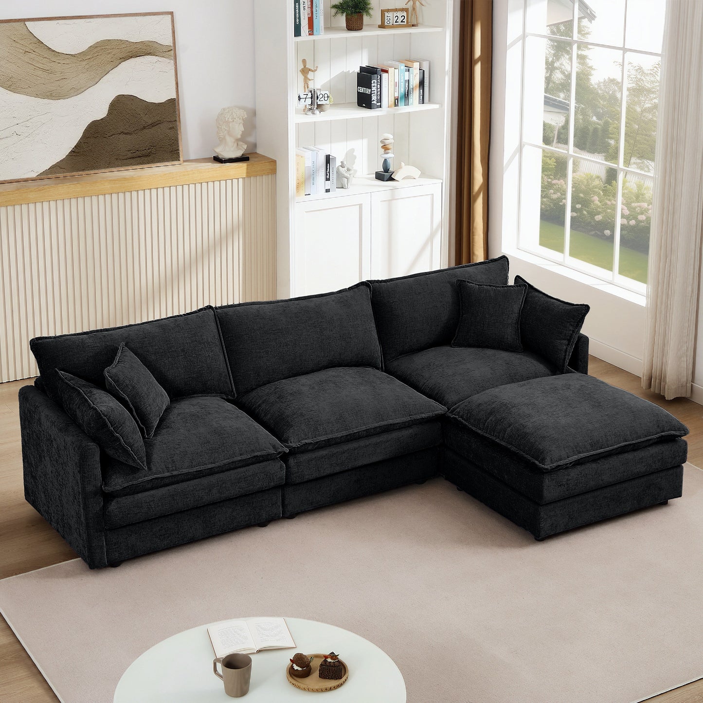 Canapé modulable en L 3 places en chenille moderne avec pouf amovible pour salon
