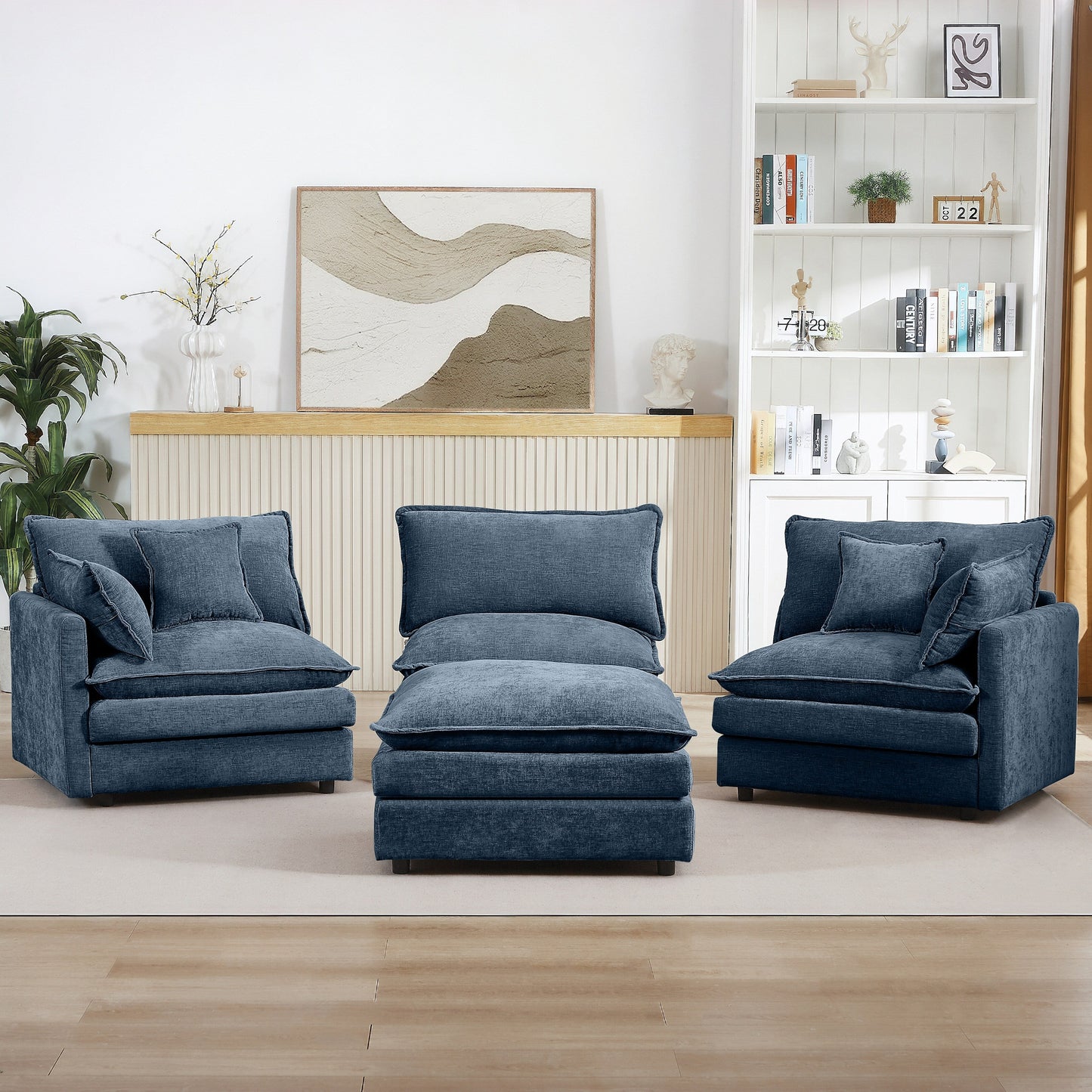 Canapé modulable en L 3 places en chenille moderne avec pouf amovible pour salon