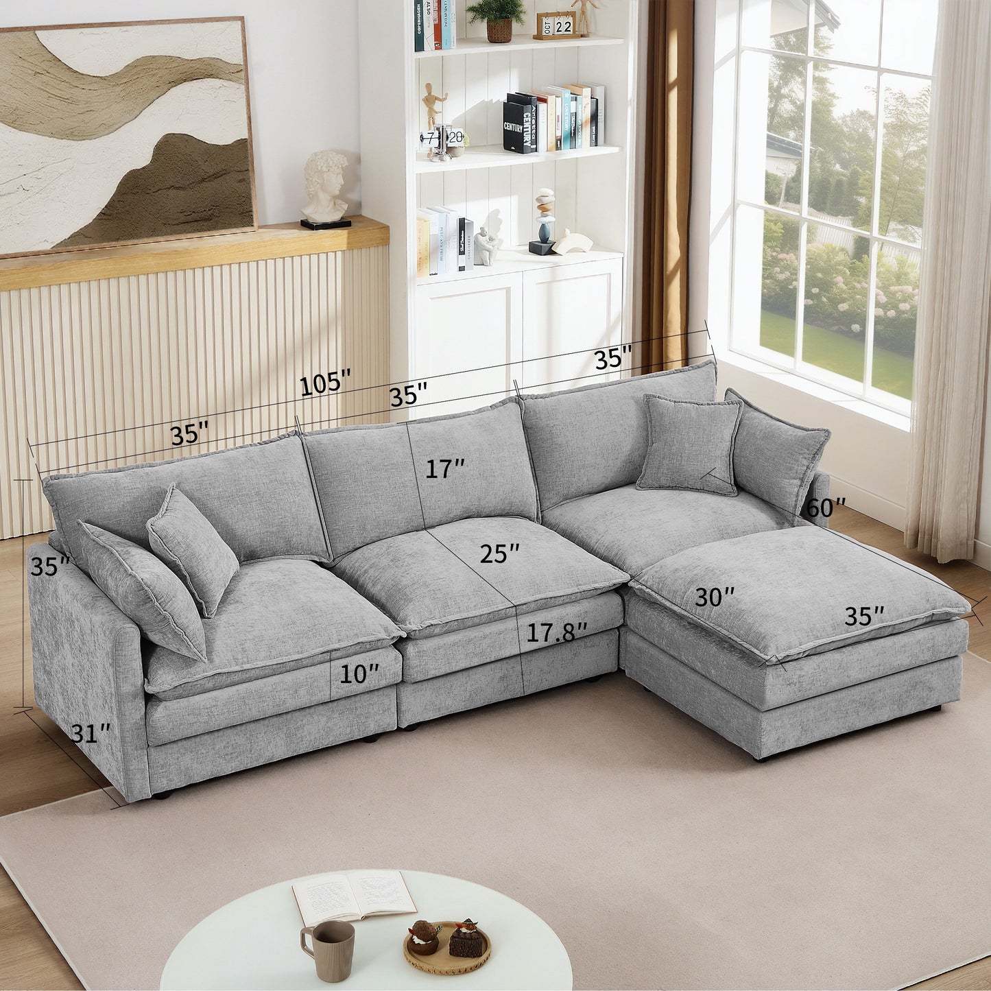Canapé modulable en L 3 places en chenille moderne avec pouf amovible pour salon