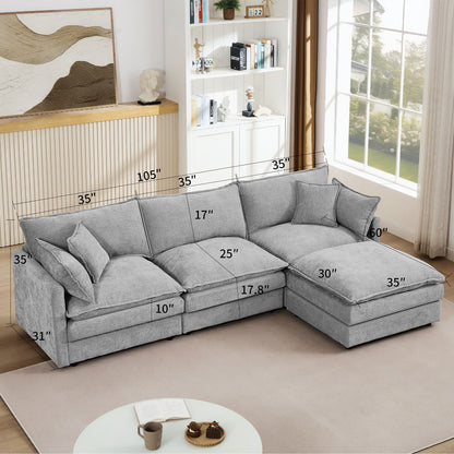 Canapé modulable en L 3 places en chenille moderne avec pouf amovible pour salon