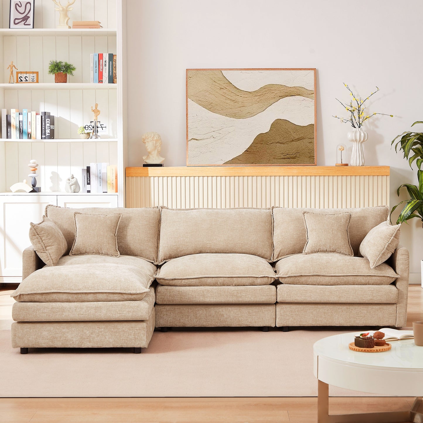 Canapé modulable en L 3 places en chenille moderne avec pouf amovible pour salon