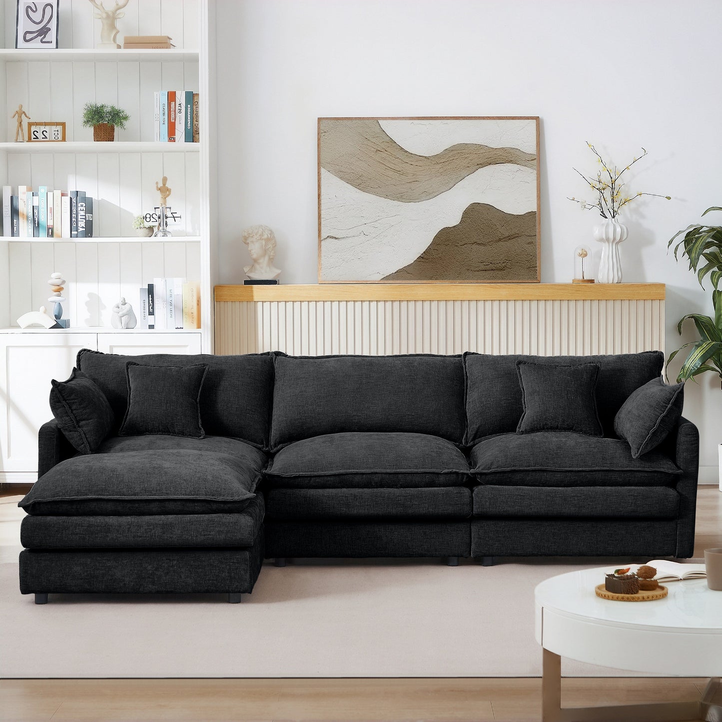 Canapé modulable en L 3 places en chenille moderne avec pouf amovible pour salon