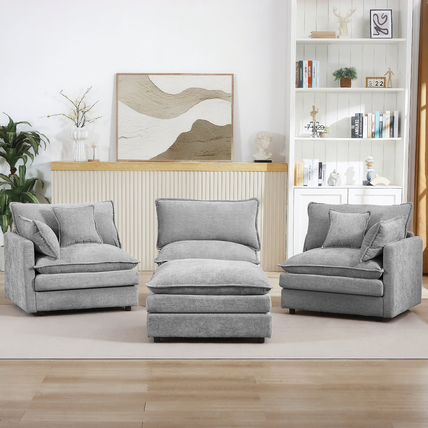 Canapé modulable en L 3 places en chenille moderne avec pouf amovible pour salon