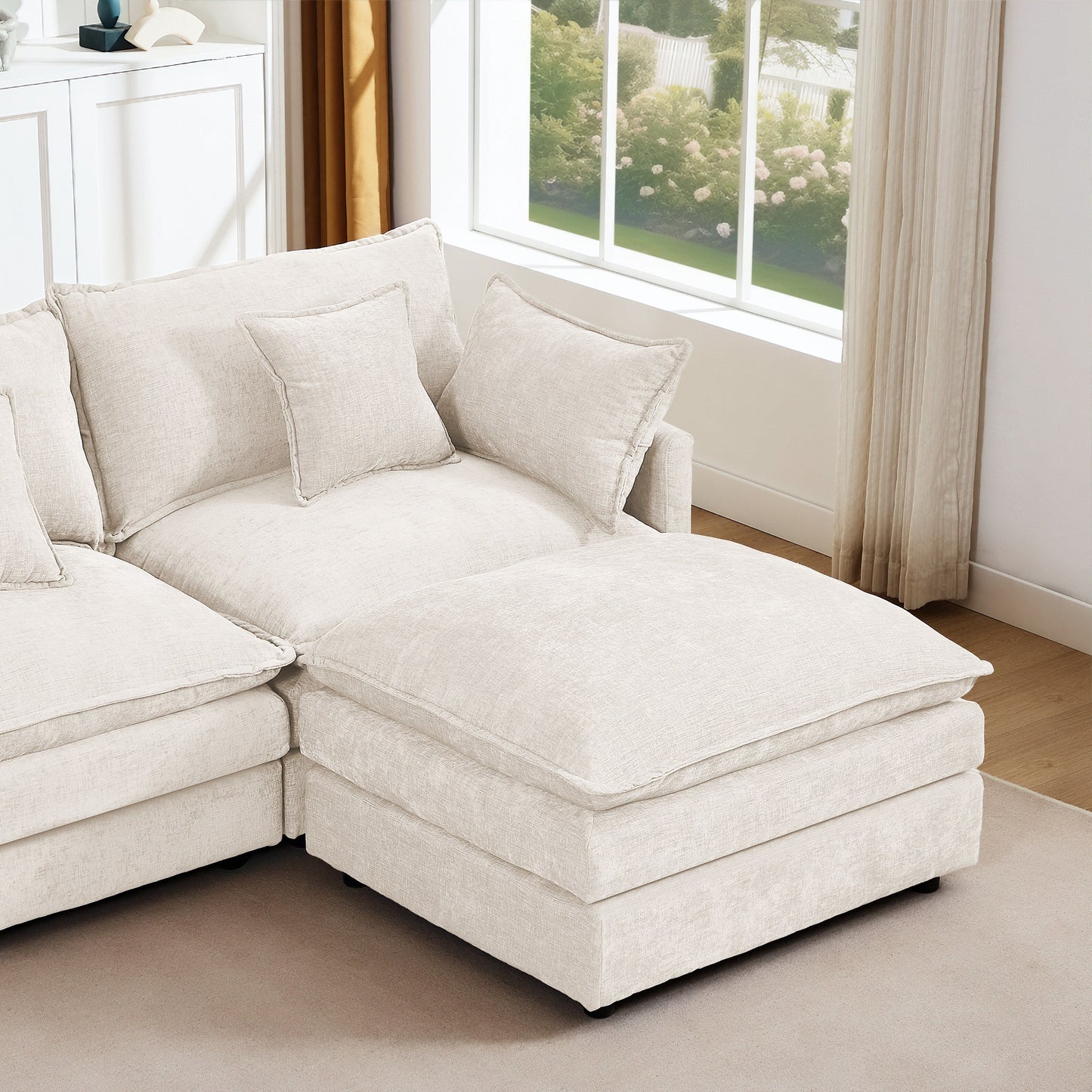 Canapé modulable en L 3 places en chenille moderne avec pouf amovible pour salon