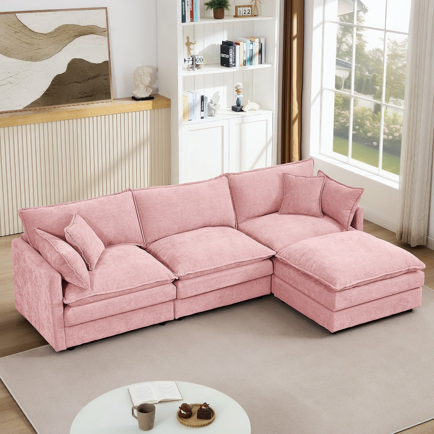 Canapé modulable en L 3 places en chenille moderne avec pouf amovible pour salon