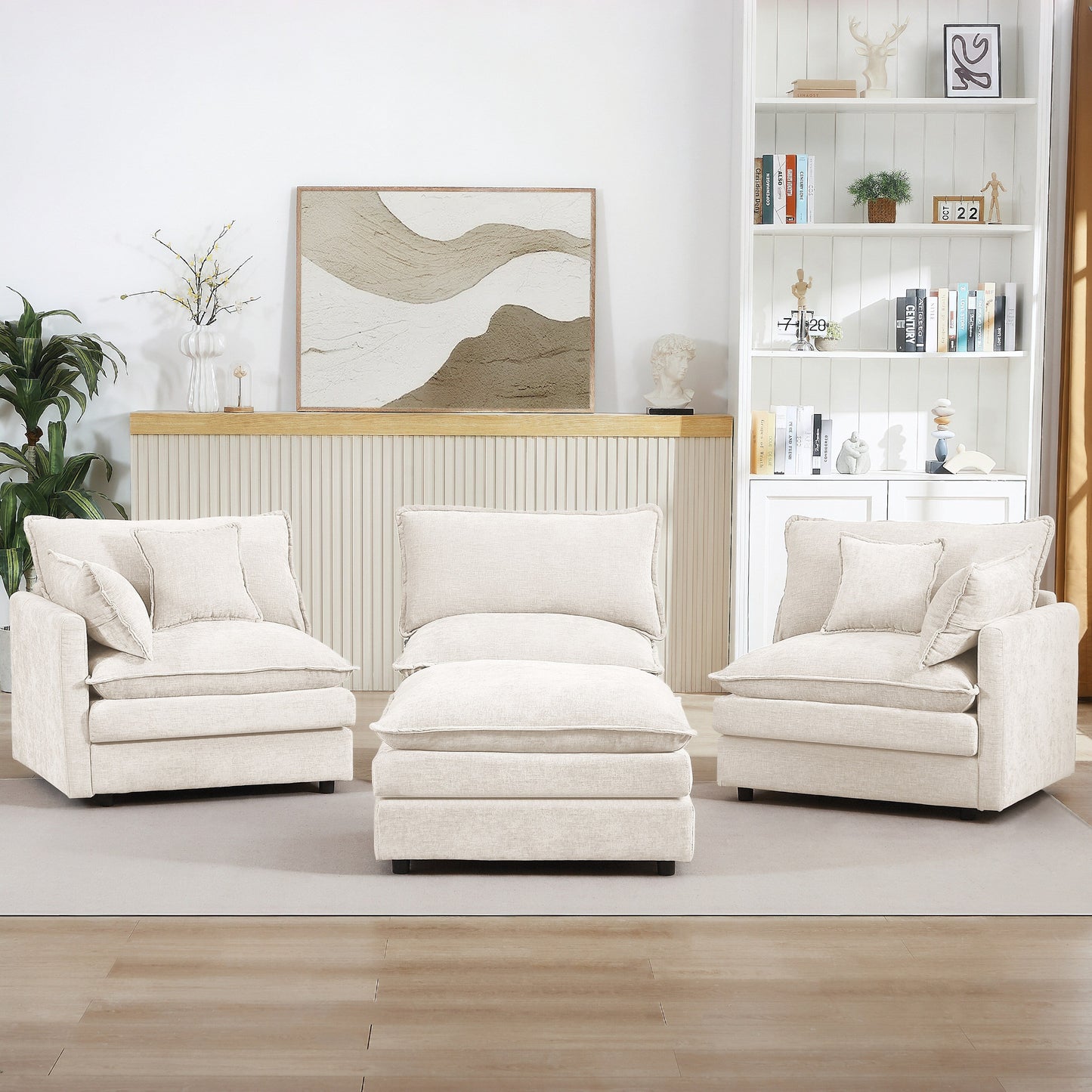 Canapé modulable en L 3 places en chenille moderne avec pouf amovible pour salon