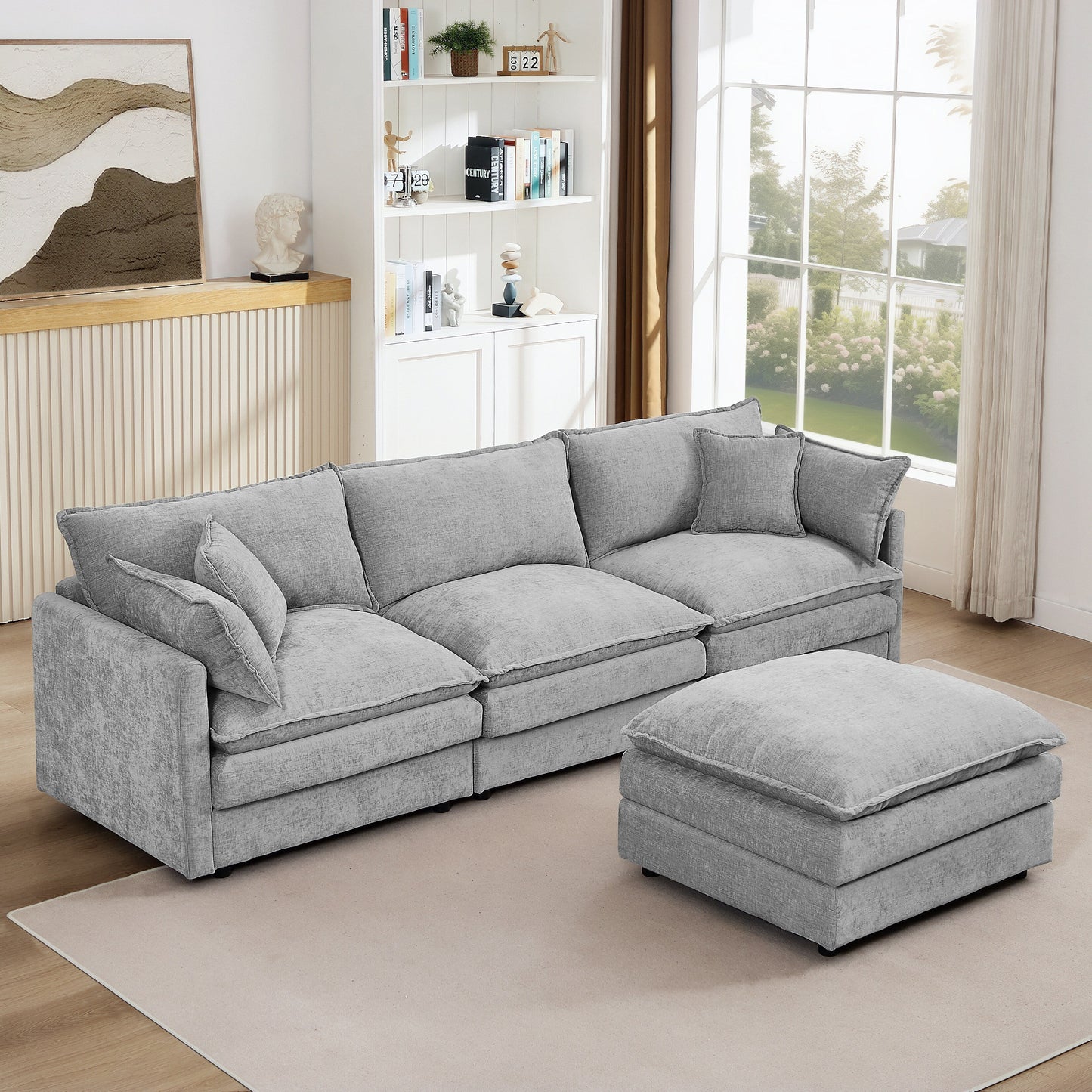 Canapé modulable en L 3 places en chenille moderne avec pouf amovible pour salon