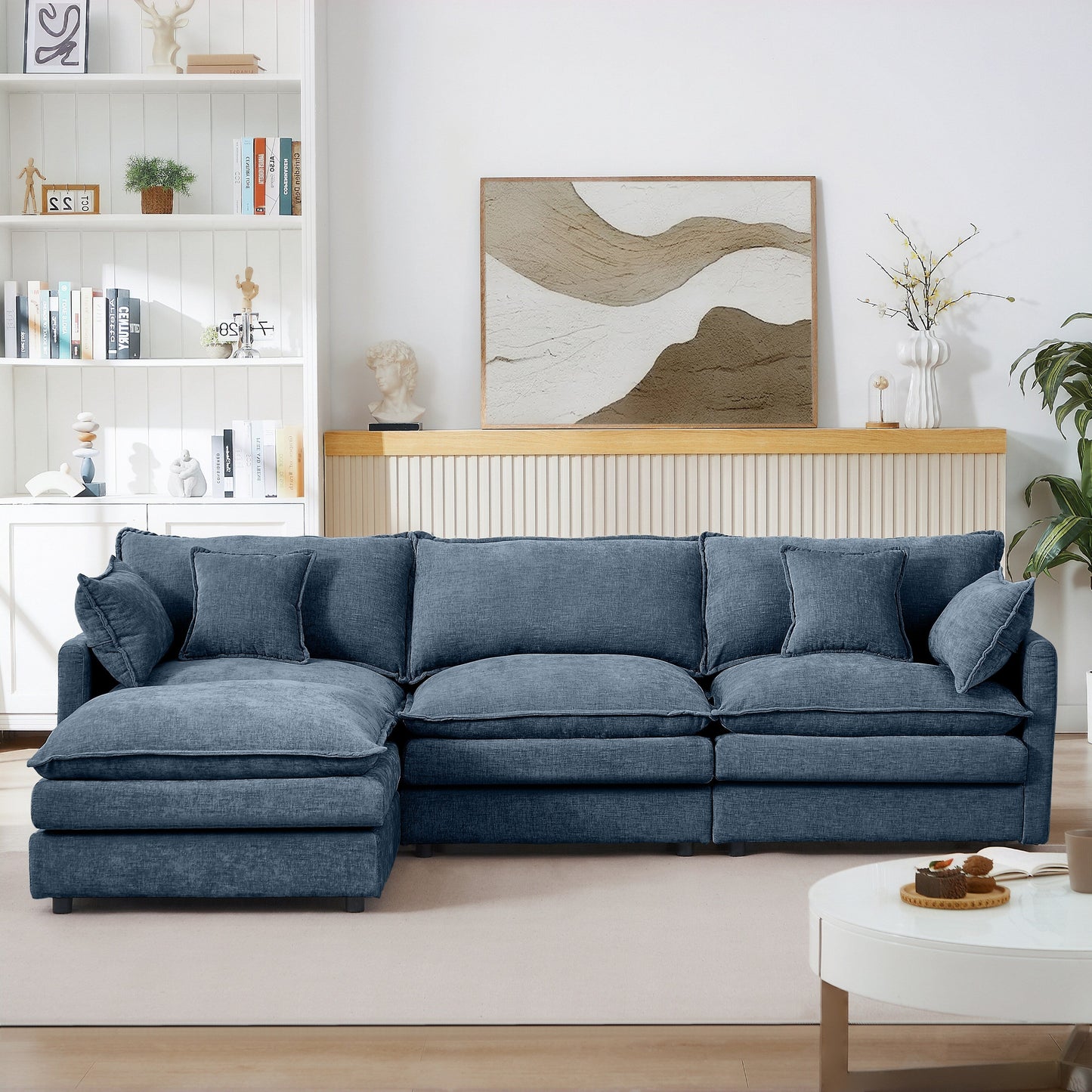 Canapé modulable en L 3 places en chenille moderne avec pouf amovible pour salon