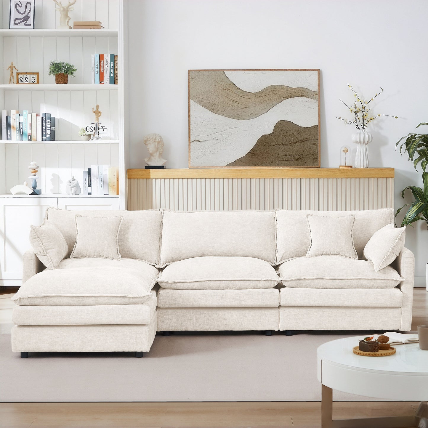 Canapé modulable en L 3 places en chenille moderne avec pouf amovible pour salon