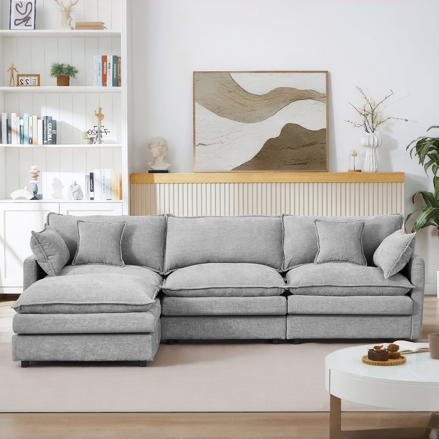 Canapé modulable en L 3 places en chenille moderne avec pouf amovible pour salon