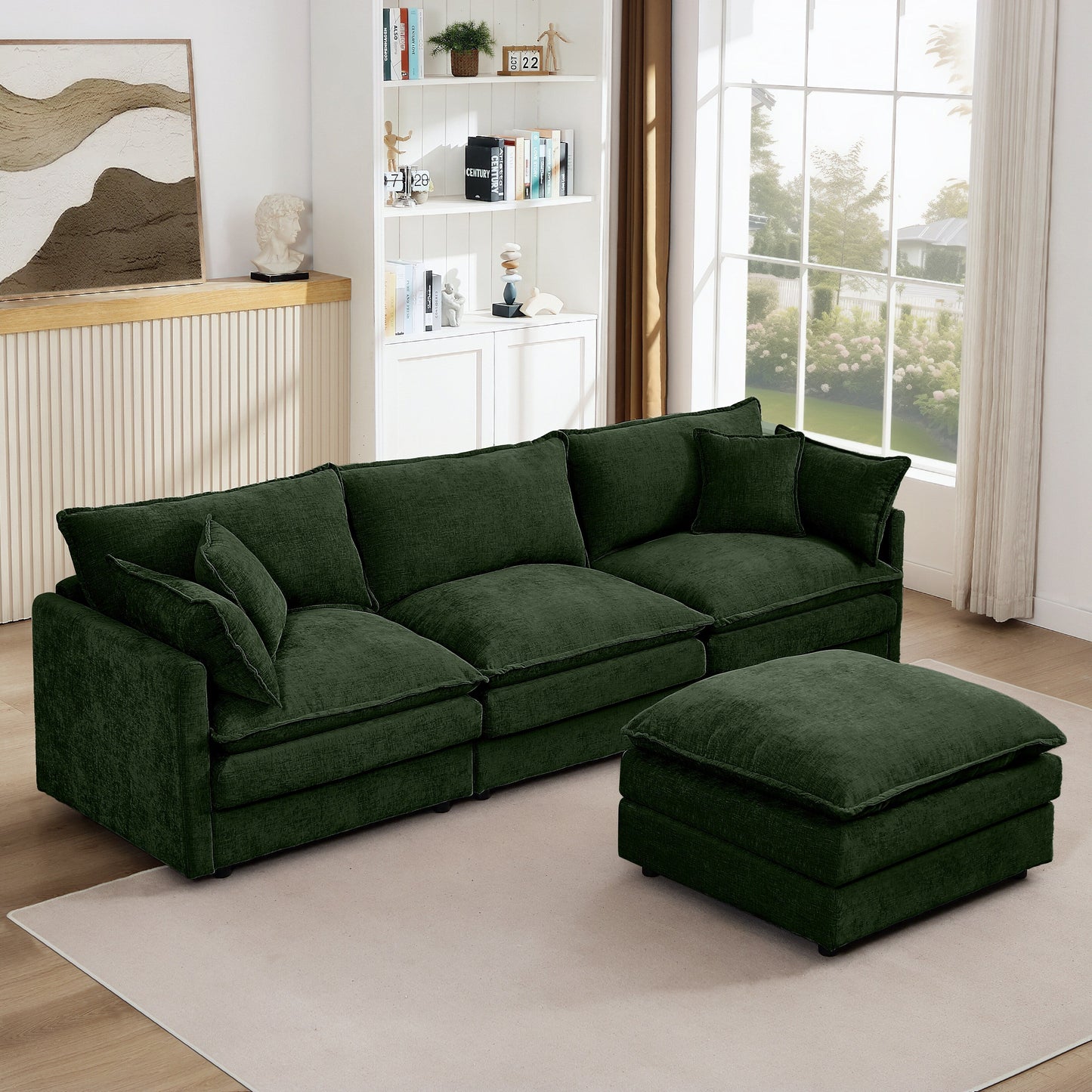 Canapé modulable en L 3 places en chenille moderne avec pouf amovible pour salon