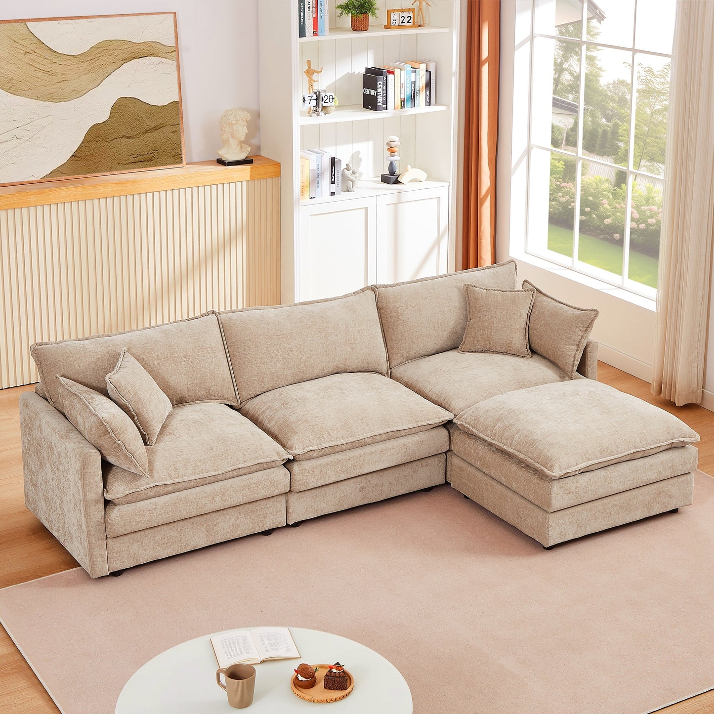Canapé modulable en L 3 places en chenille moderne avec pouf amovible pour salon