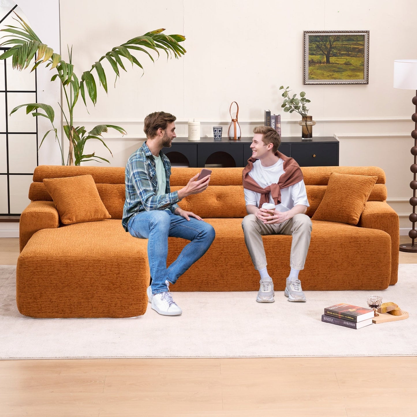 Canapé modulable 4 places en L, convertible et moderne, en chenille, avec 2 coussins, pour salon d'appartement