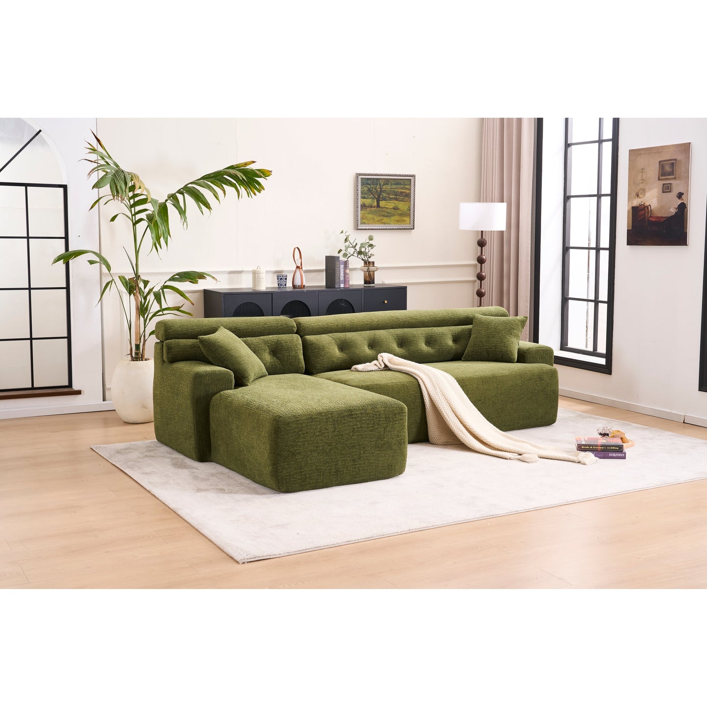 Canapé modulable 4 places en L, convertible et moderne, en chenille, avec 2 coussins, pour salon d'appartement