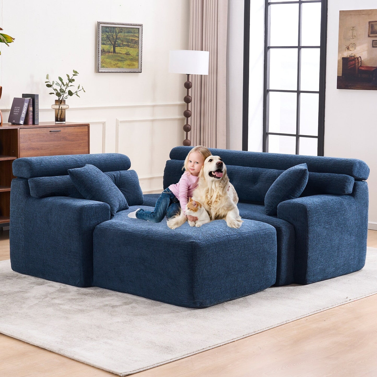 Canapé modulable 4 places en L, convertible et moderne, en chenille, avec 2 coussins, pour salon d'appartement