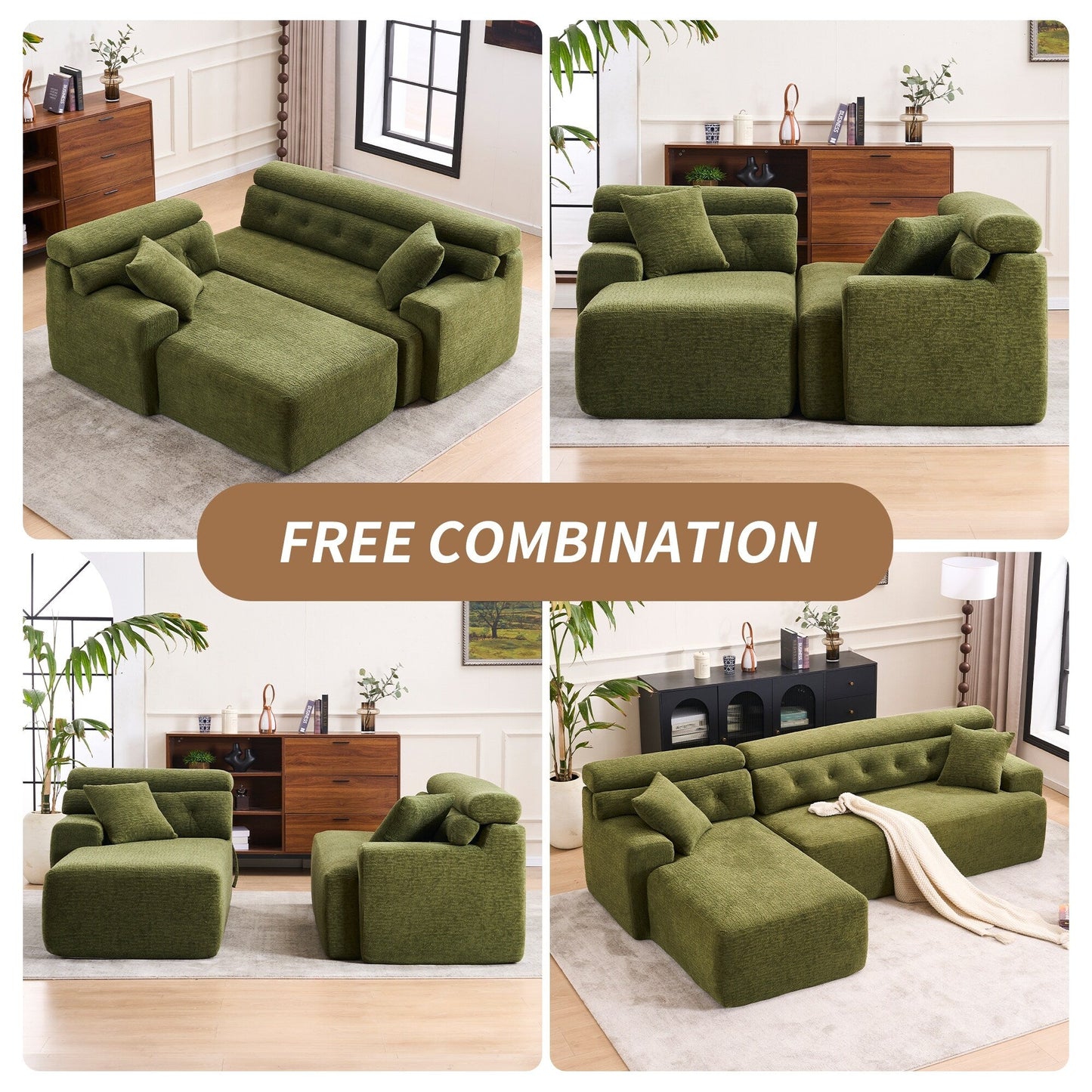 Canapé modulable 4 places en L, convertible et moderne, en chenille, avec 2 coussins, pour salon d'appartement