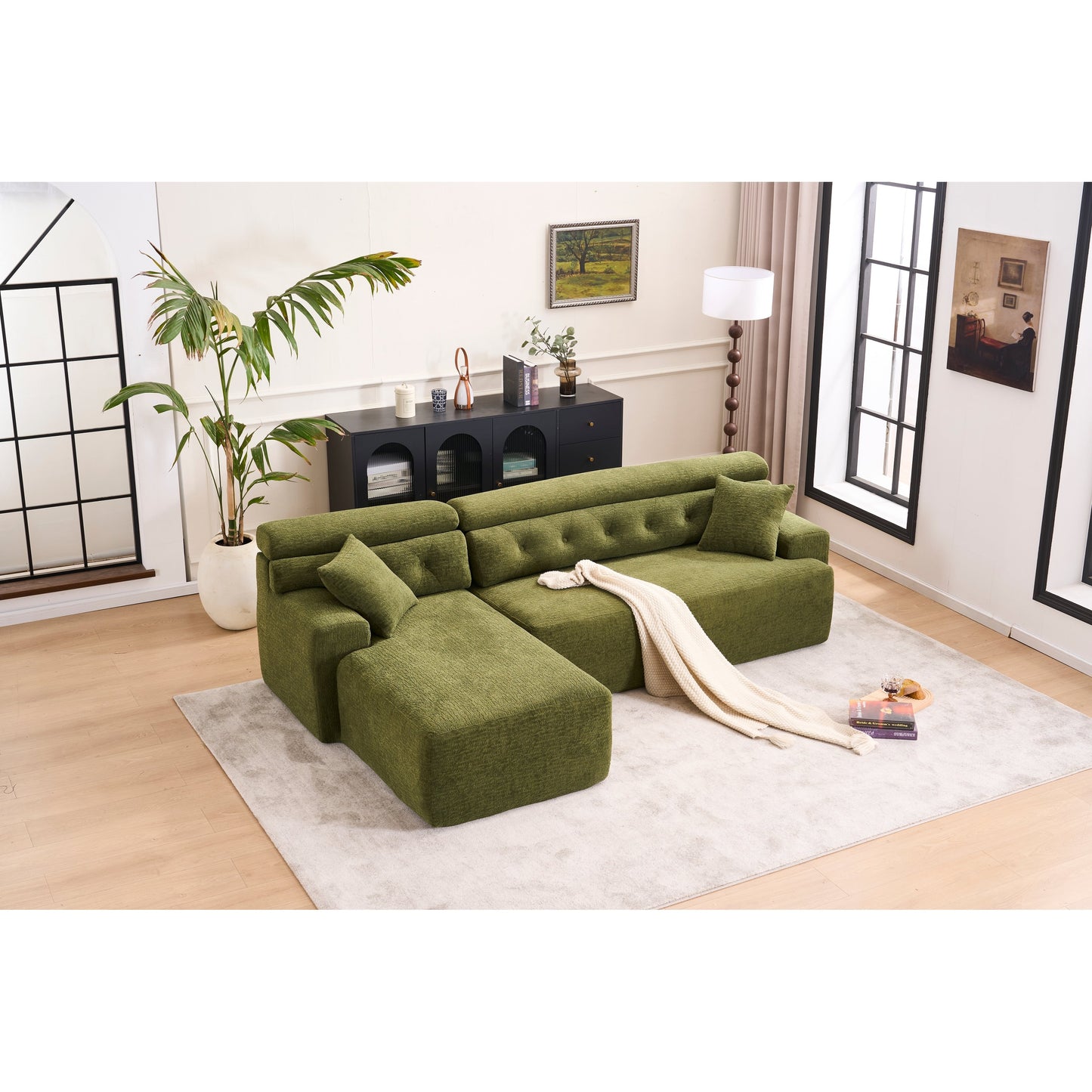 Canapé modulable 4 places en L, convertible et moderne, en chenille, avec 2 coussins, pour salon d'appartement