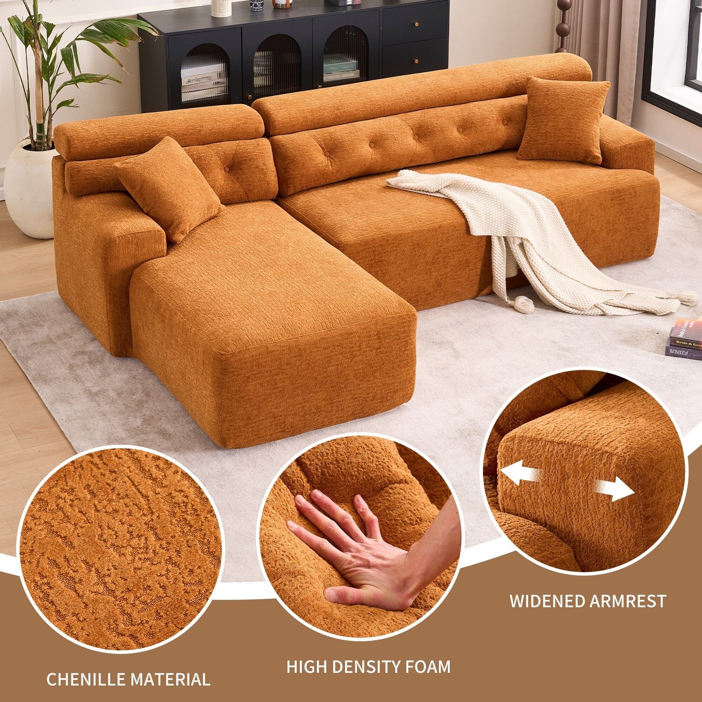Canapé modulable 4 places en L, convertible et moderne, en chenille, avec 2 coussins, pour salon d'appartement