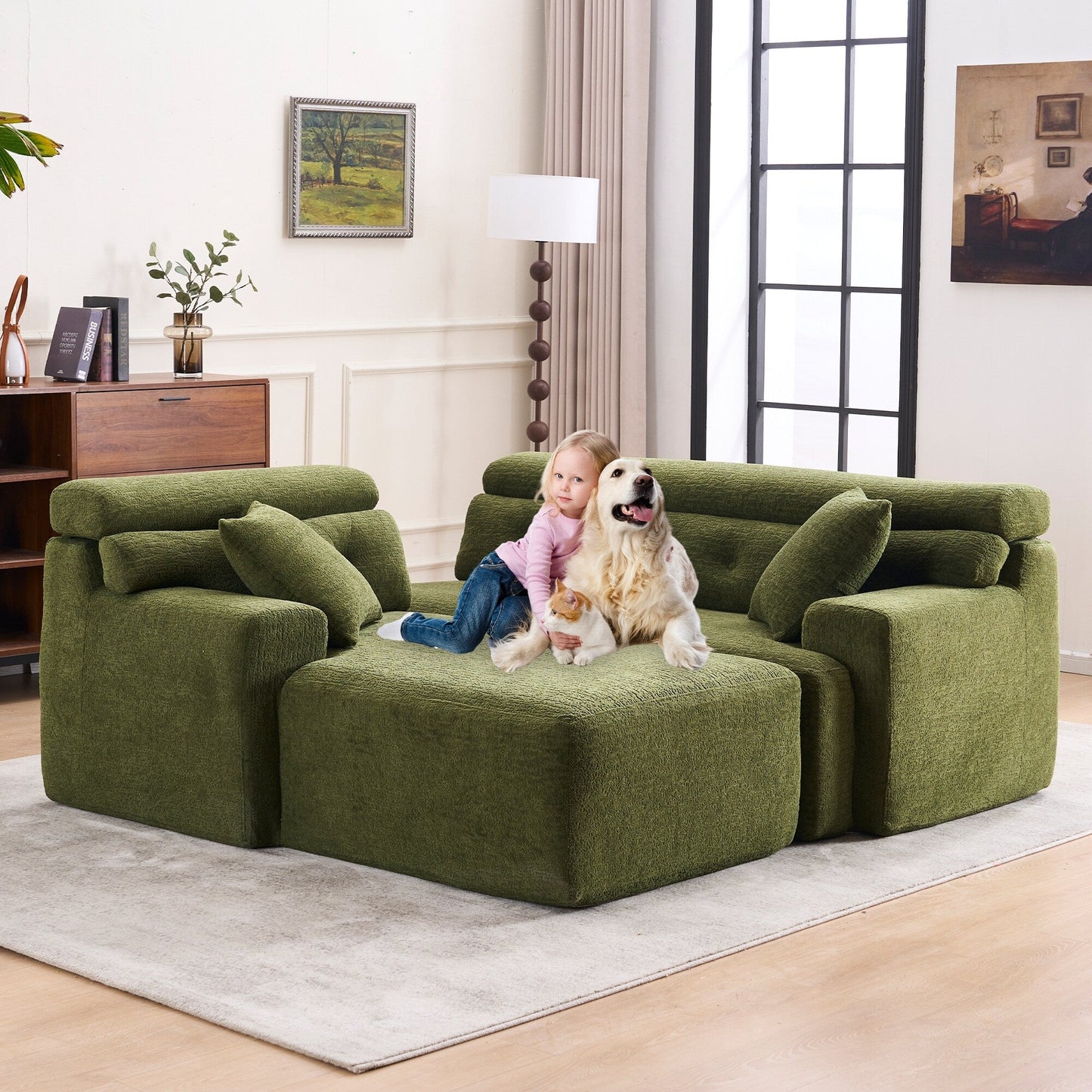 Canapé modulable 4 places en L, convertible et moderne, en chenille, avec 2 coussins, pour salon d'appartement
