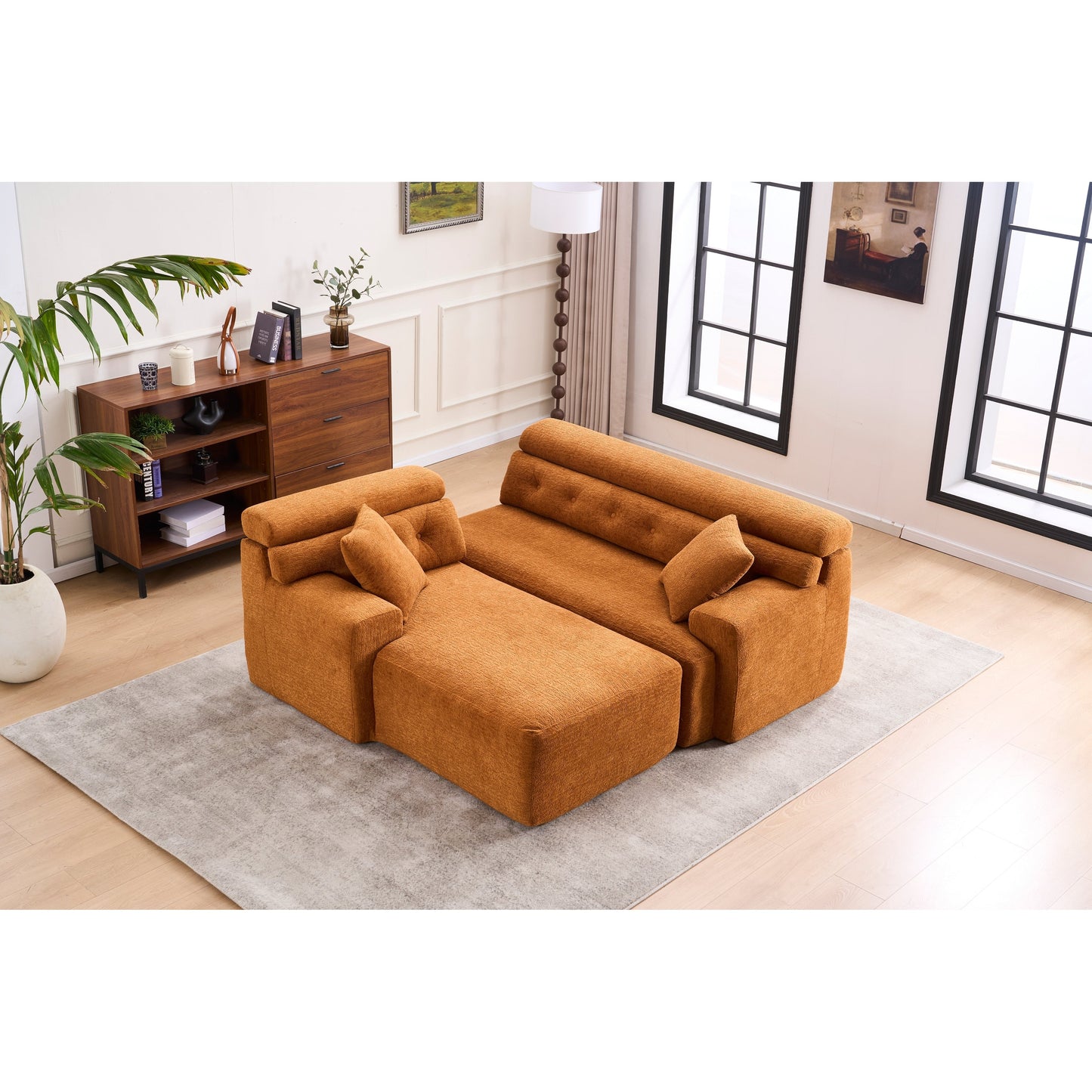 Canapé modulable 4 places en L, convertible et moderne, en chenille, avec 2 coussins, pour salon d'appartement