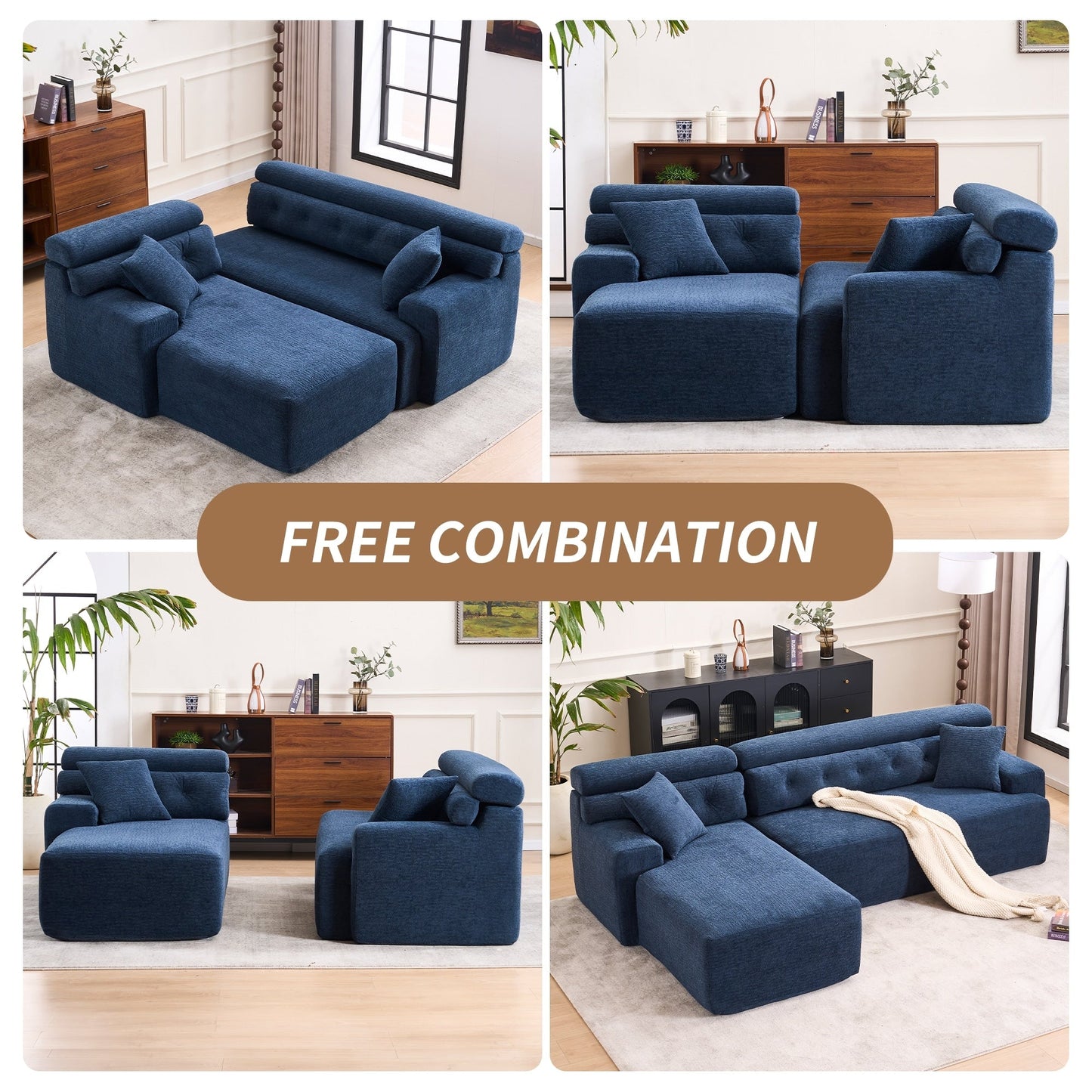 Canapé modulable 4 places en L, convertible et moderne, en chenille, avec 2 coussins, pour salon d'appartement