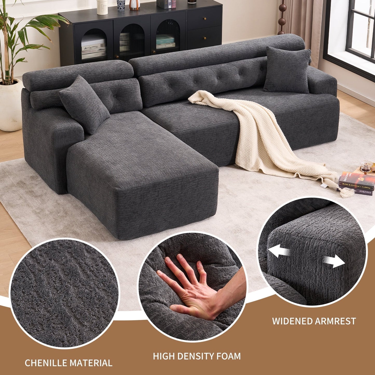 Canapé modulable 4 places en L, convertible et moderne, en chenille, avec 2 coussins, pour salon d'appartement
