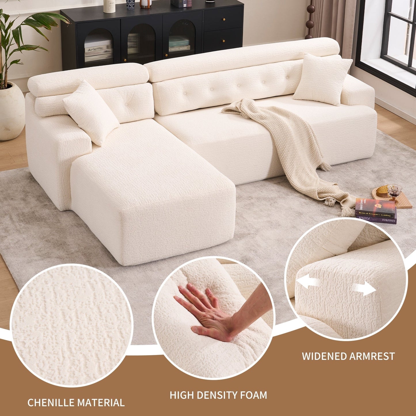 Canapé modulable 4 places en L, convertible et moderne, en chenille, avec 2 coussins, pour salon d'appartement