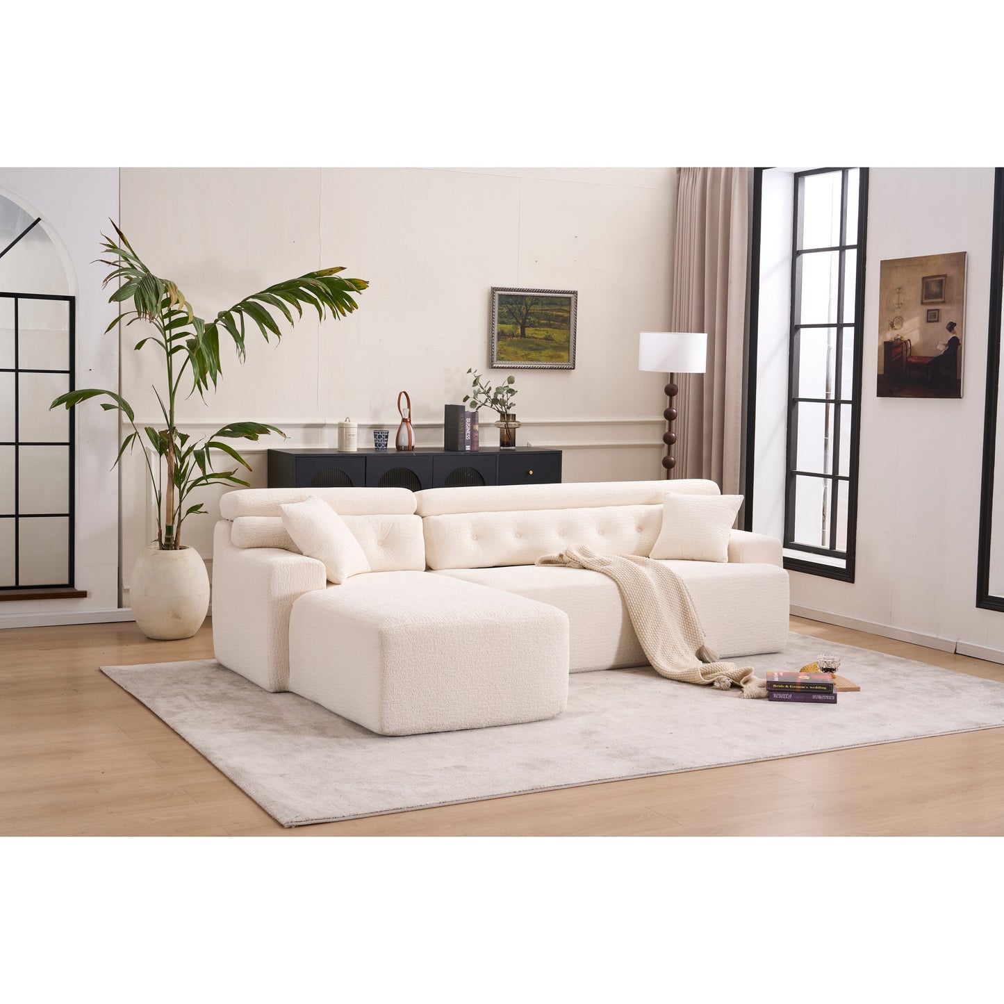 Canapé modulable 4 places en L, convertible et moderne, en chenille, avec 2 coussins, pour salon d'appartement