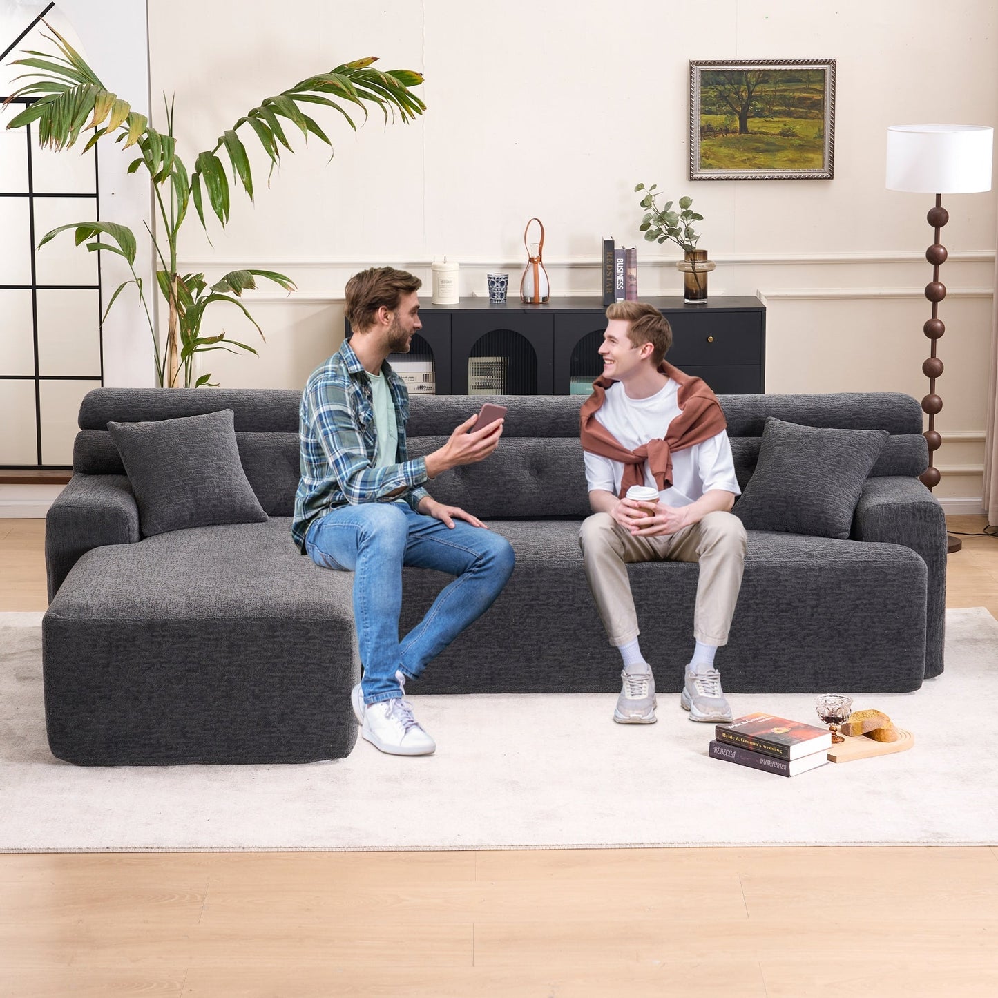 Canapé modulable 4 places en L, convertible et moderne, en chenille, avec 2 coussins, pour salon d'appartement