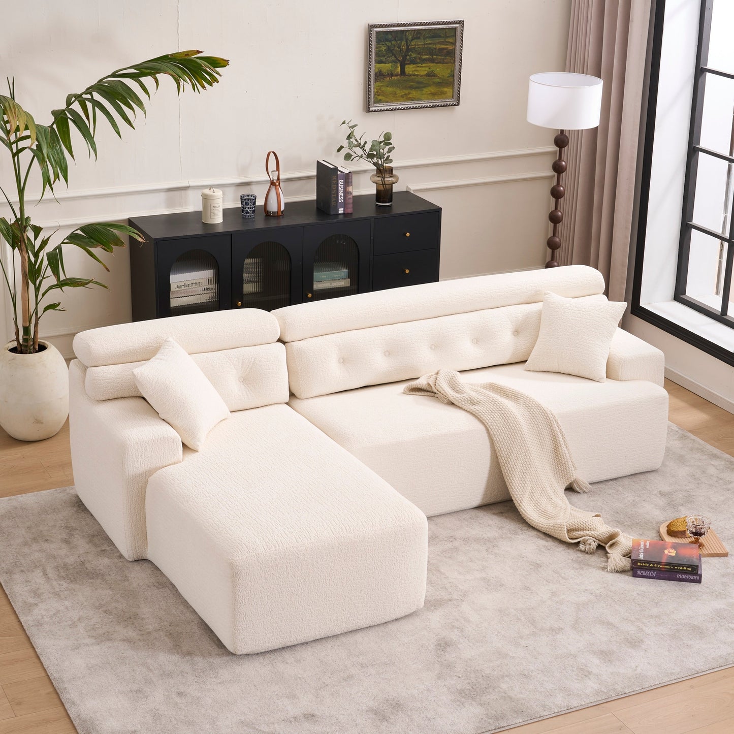 Canapé modulable 4 places en L, convertible et moderne, en chenille, avec 2 coussins, pour salon d'appartement