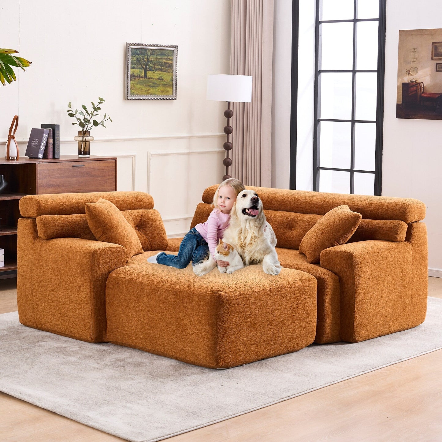Canapé modulable 4 places en L, convertible et moderne, en chenille, avec 2 coussins, pour salon d'appartement
