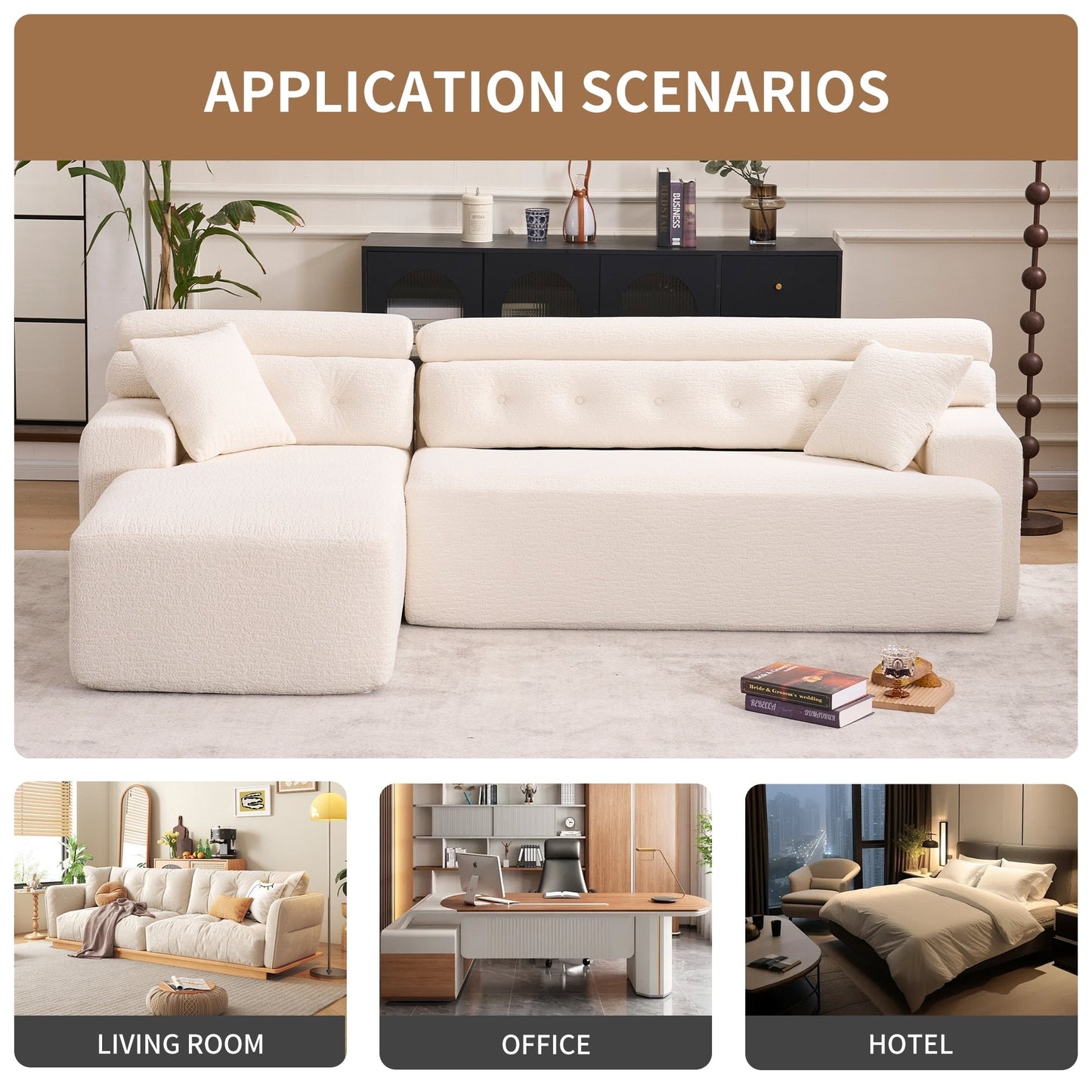 Canapé modulable 4 places en L, convertible et moderne, en chenille, avec 2 coussins, pour salon d'appartement