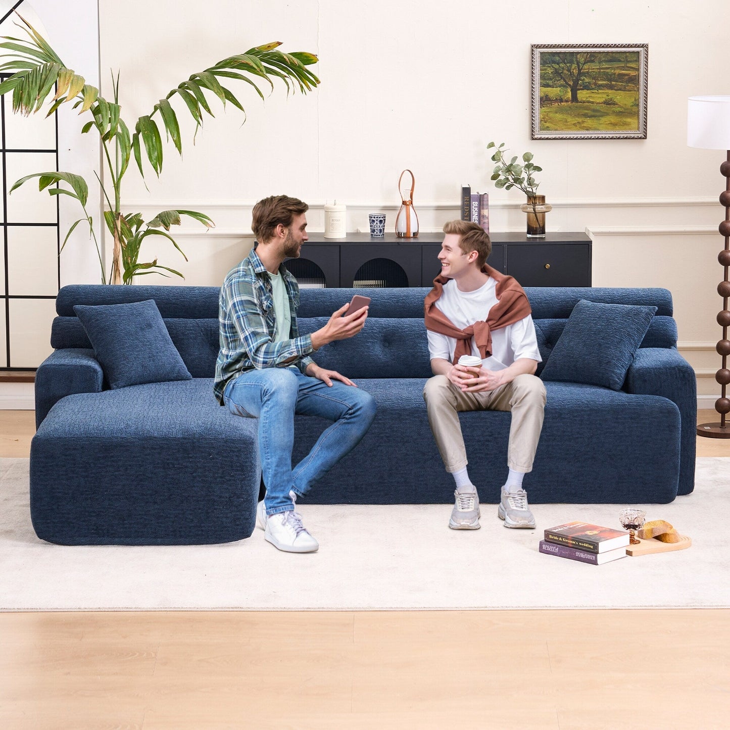 Canapé modulable 4 places en L, convertible et moderne, en chenille, avec 2 coussins, pour salon d'appartement