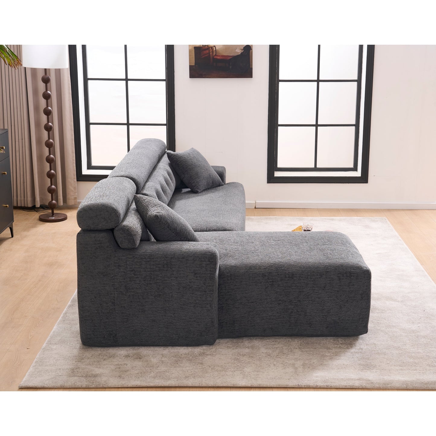 Canapé modulable 4 places en L, convertible et moderne, en chenille, avec 2 coussins, pour salon d'appartement