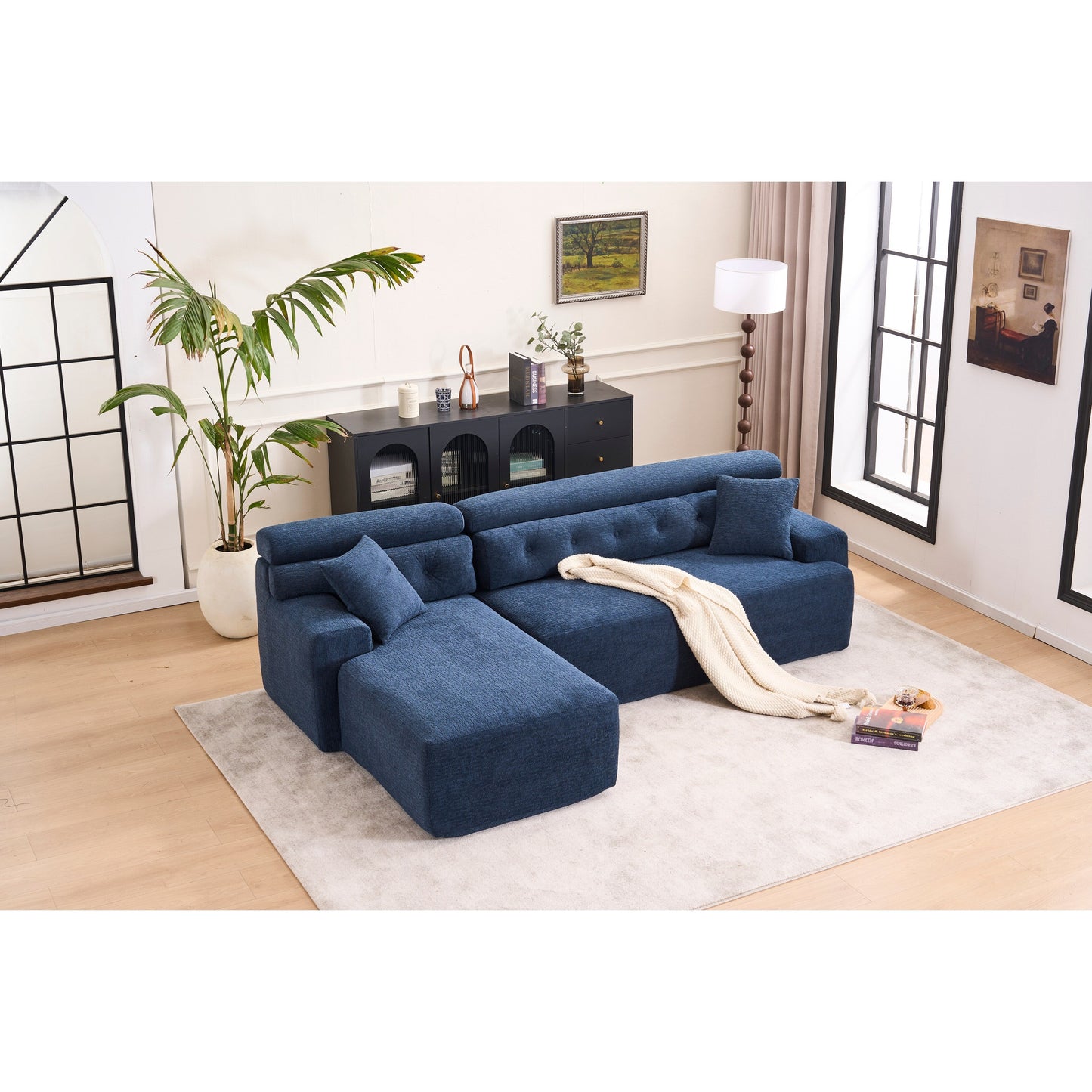 Canapé modulable 4 places en L, convertible et moderne, en chenille, avec 2 coussins, pour salon d'appartement